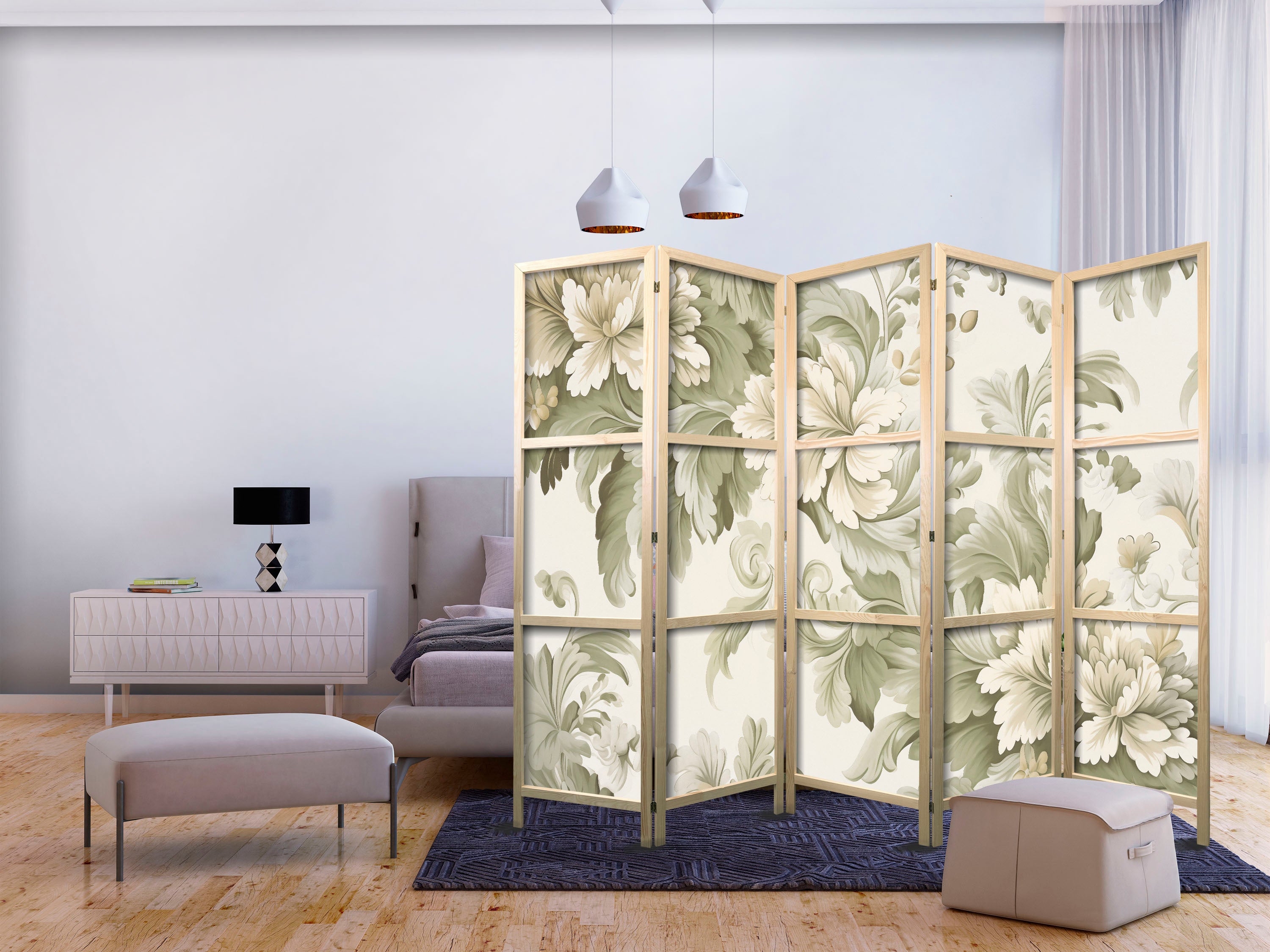 Japanese Room Divider Floral 5-Panel Screen