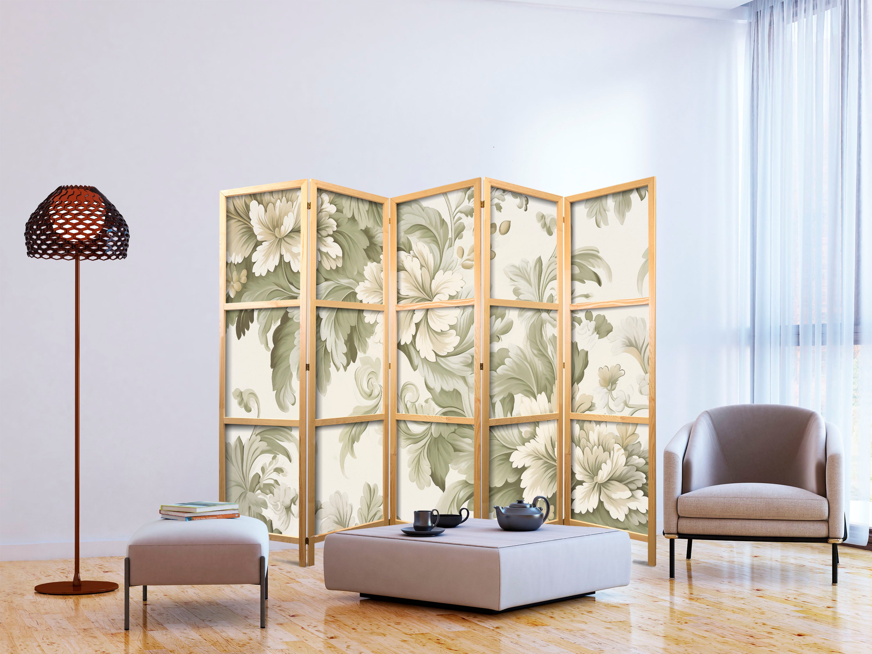Japanese Room Divider Floral 5-Panel Screen