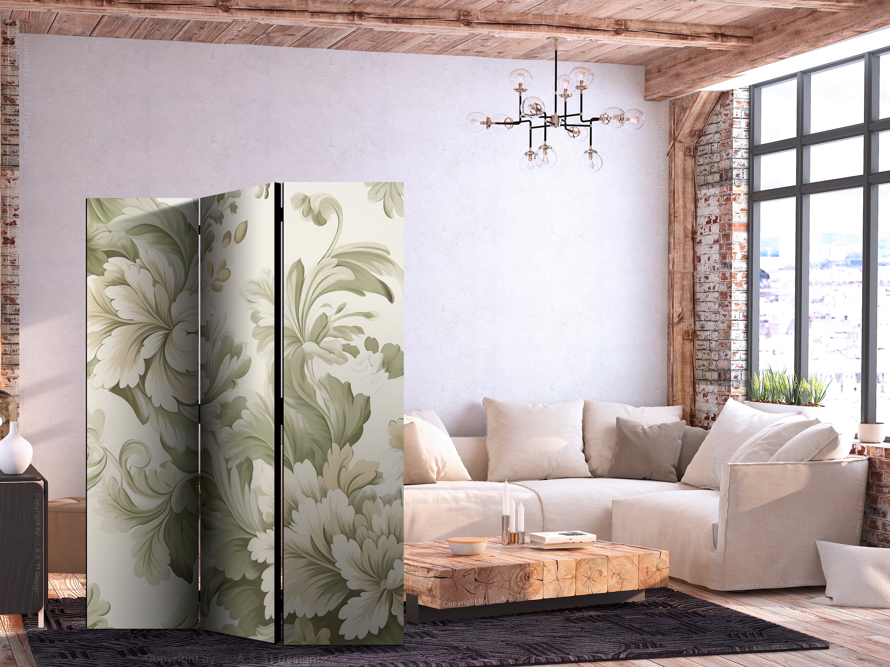 Room Divider - Retro Vintage Flowers in Soft Cream and Green Colors