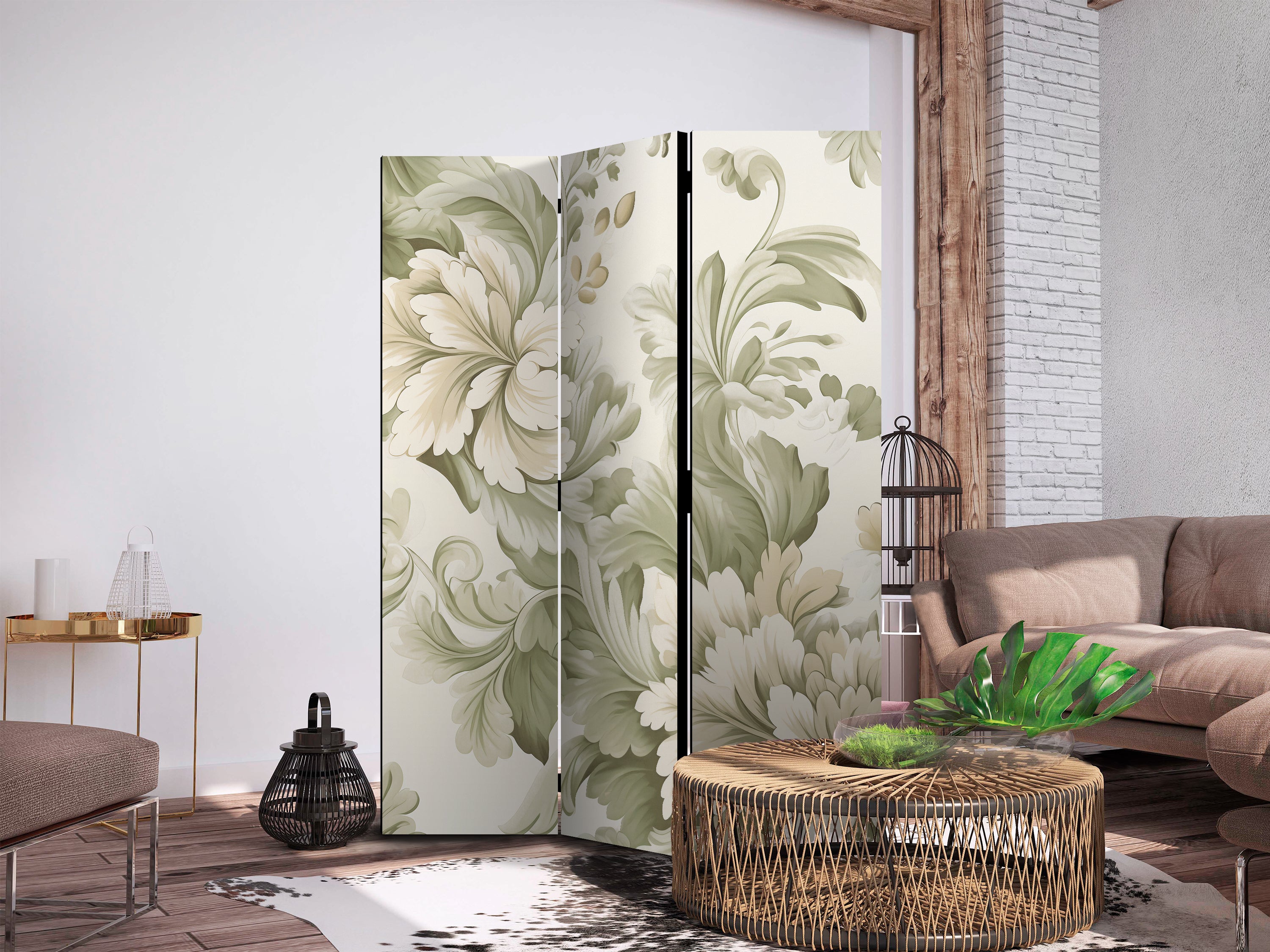 Room Divider - Retro Vintage Flowers in Soft Cream and Green Colors