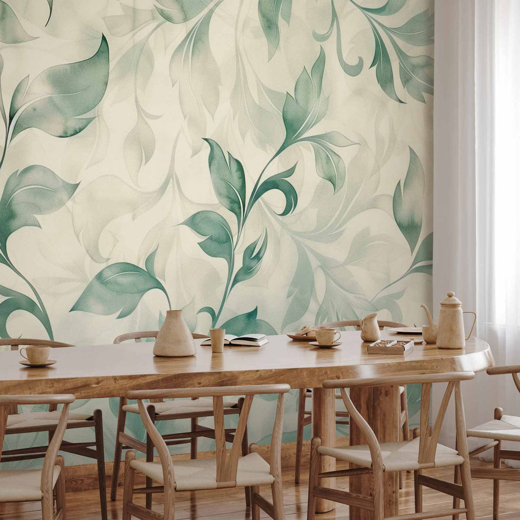 Watercolor Botanical Green-Beige Leaves Wall Mural