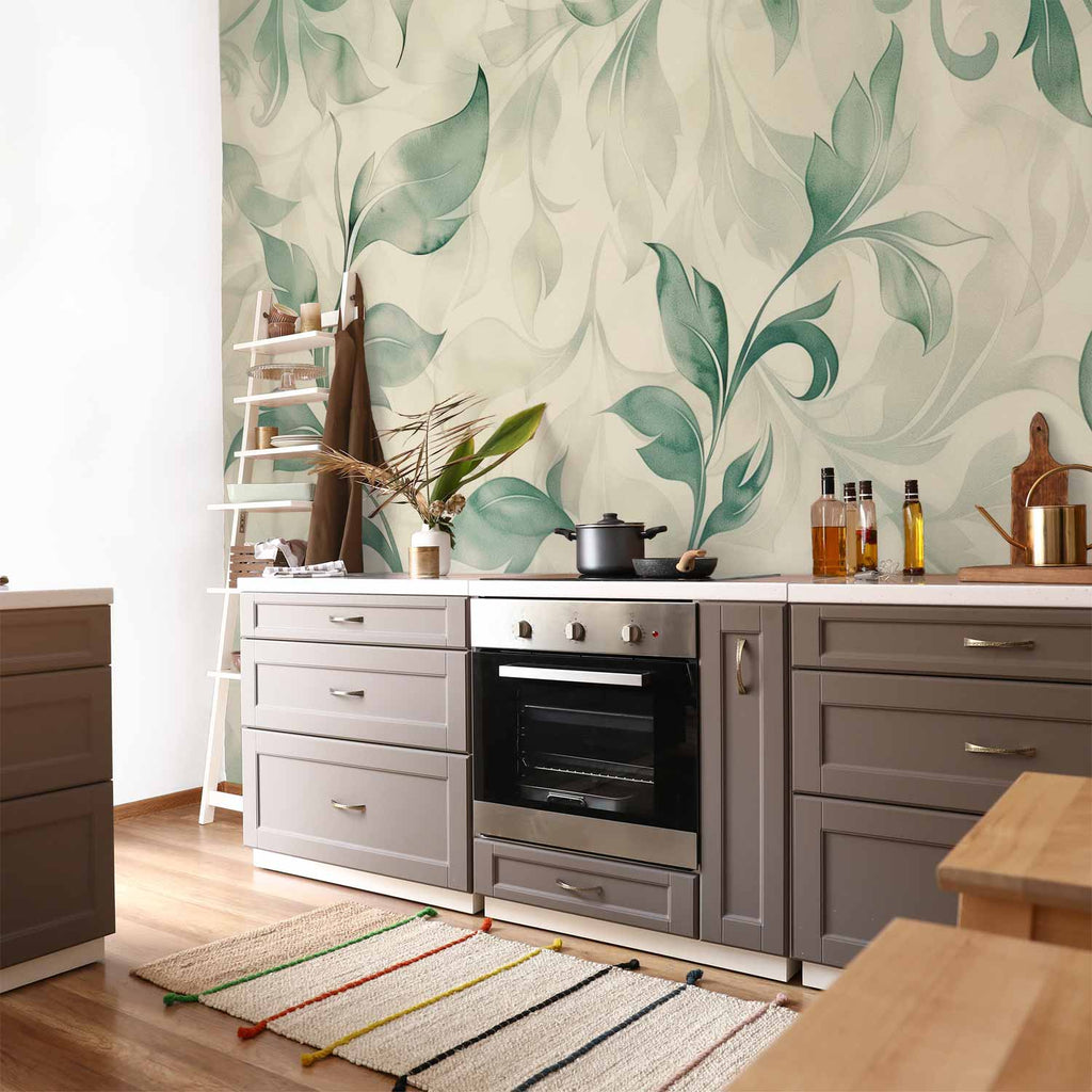 Watercolor Botanical Green-Beige Leaves Wall Mural