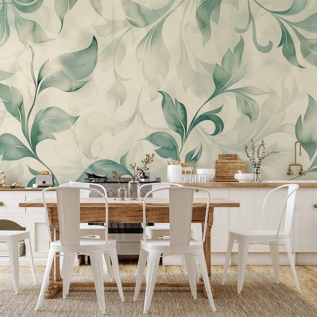 Watercolor Botanical Green-Beige Leaves Wall Mural