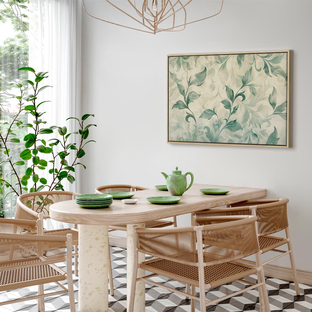 Canvas Print Watercolor Botanical Motif Delicate Green-Beige Leaves