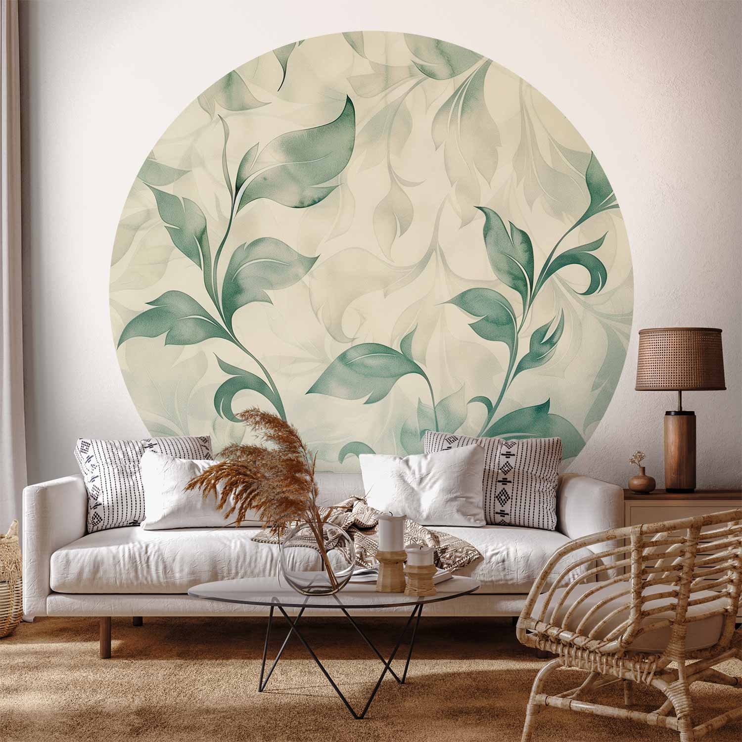 Watercolor Green and Beige Leaves Round Wall Mural
