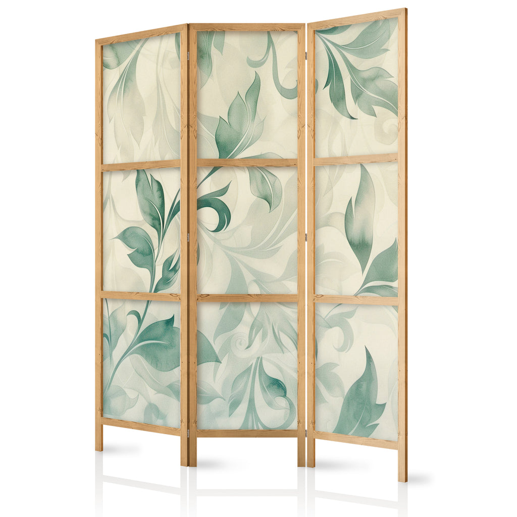 Japanese Room Divider - Watercolor Botanical Motif in Delicate Green-Beige Leaves