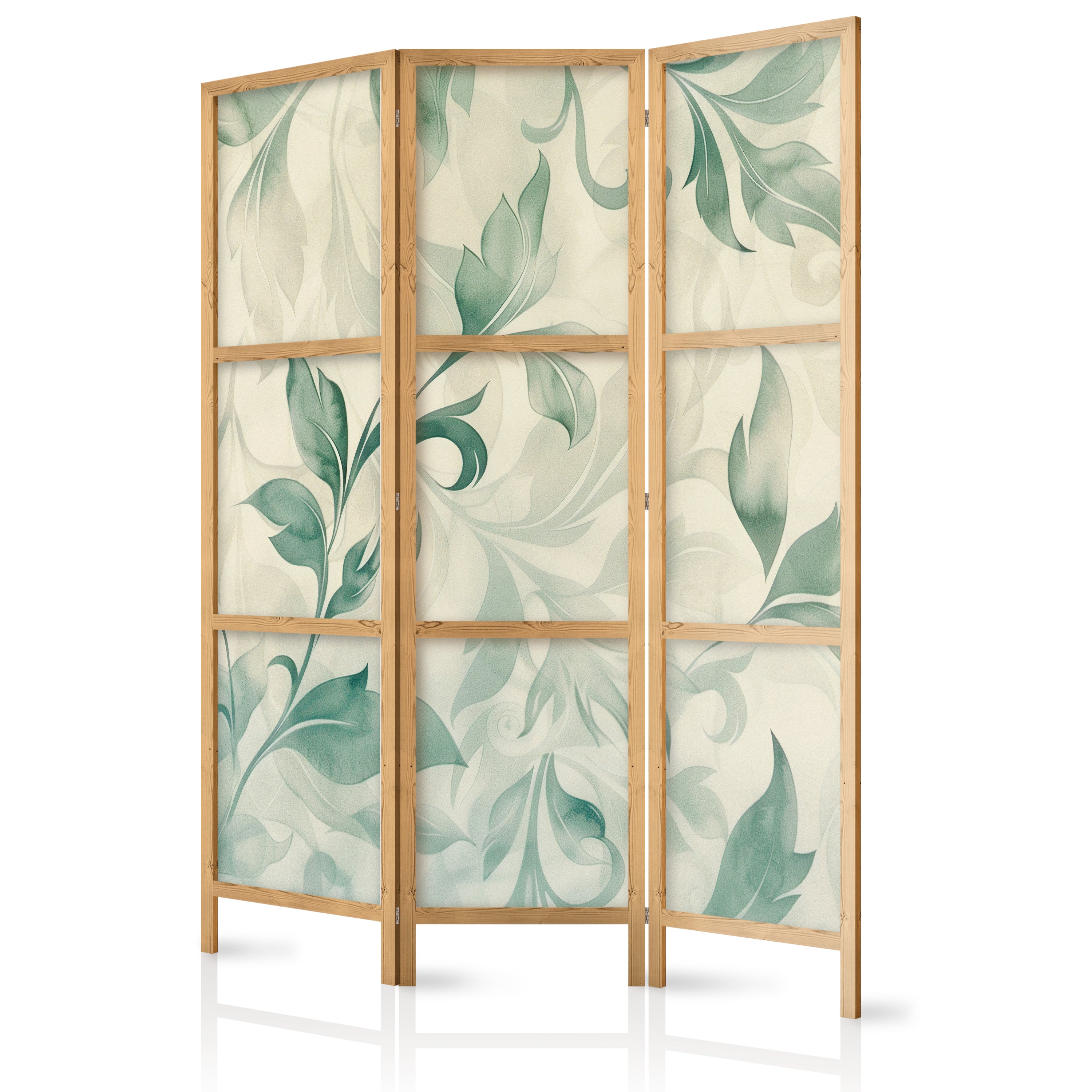 Japanese Room Divider - Watercolor Botanical Motif in Delicate Green-Beige Leaves