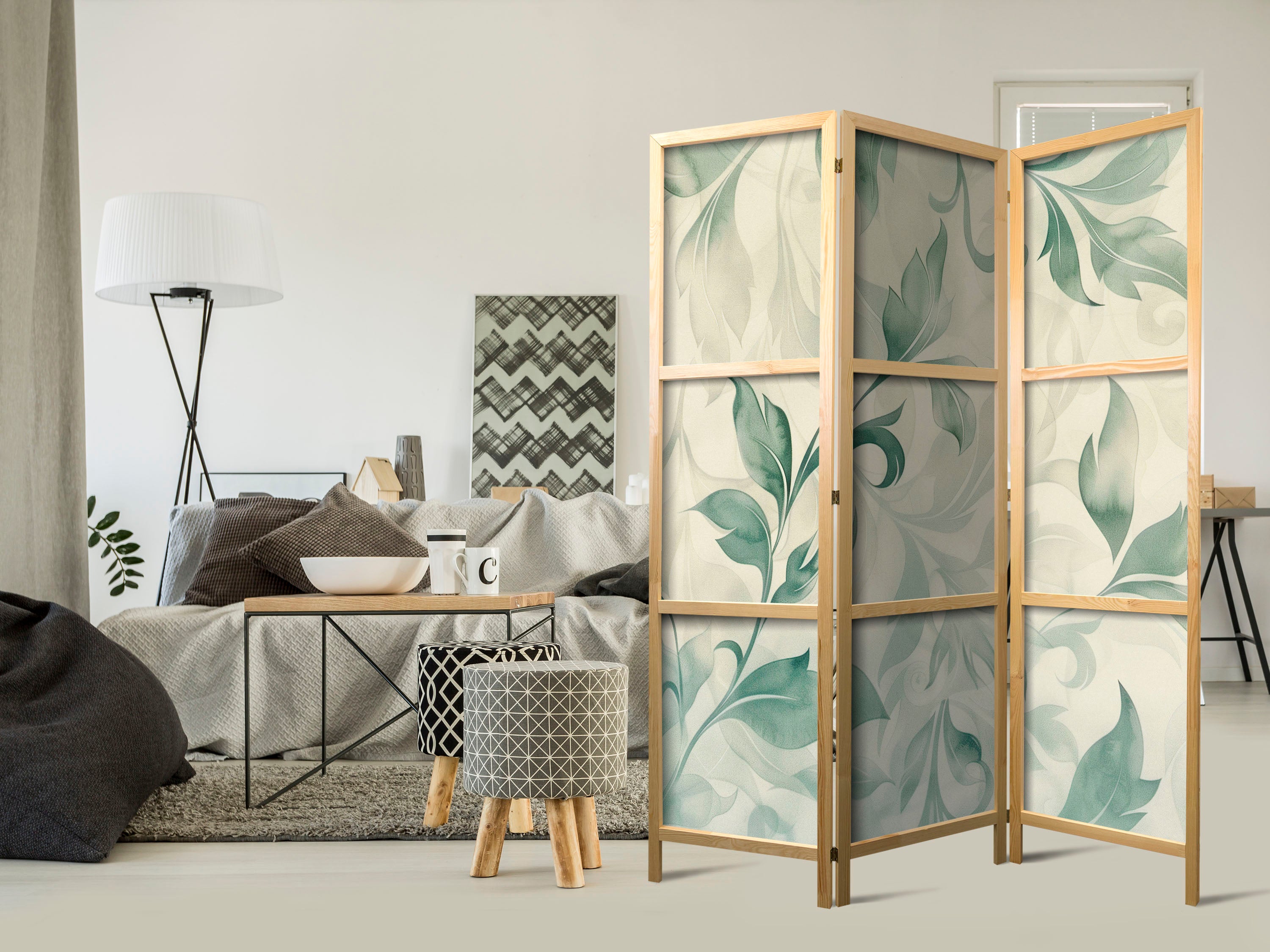 Japanese Room Divider - Watercolor Botanical Motif in Delicate Green-Beige Leaves