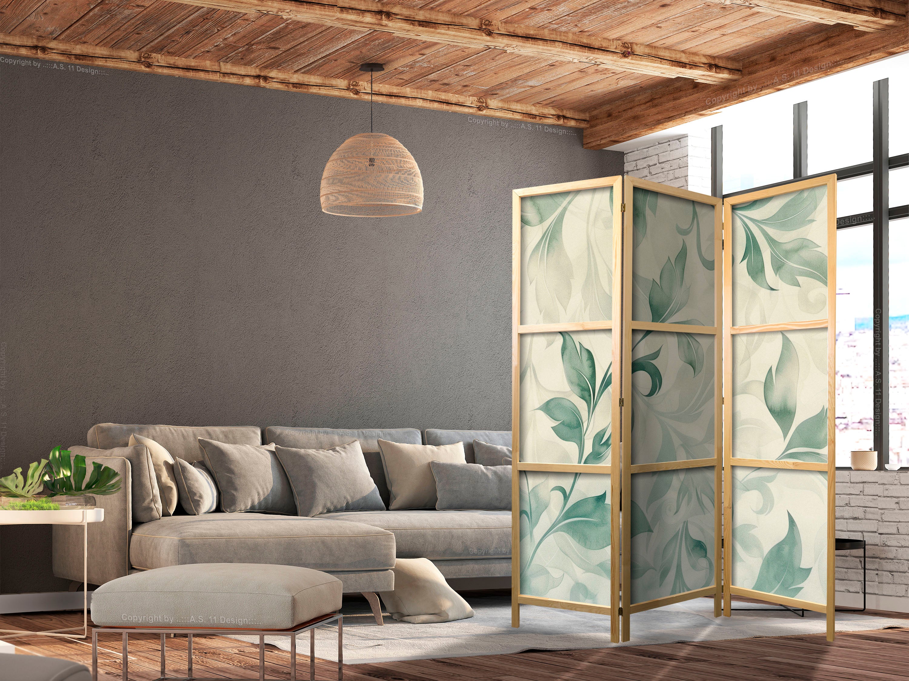 Japanese Room Divider - Watercolor Botanical Motif in Delicate Green-Beige Leaves
