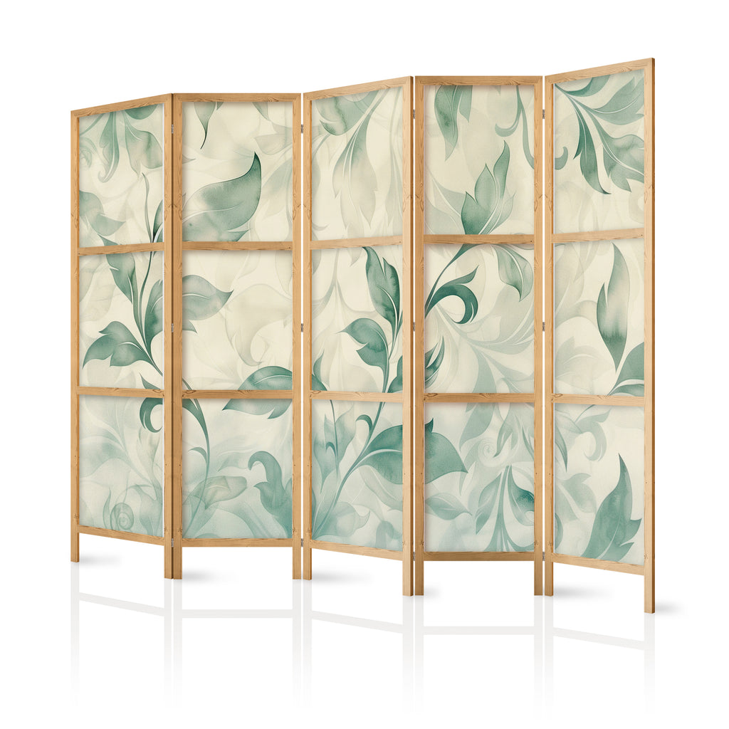 Japanese Room Divider - Watercolor Botanical Motif - Delicate Green-Beige Leaves