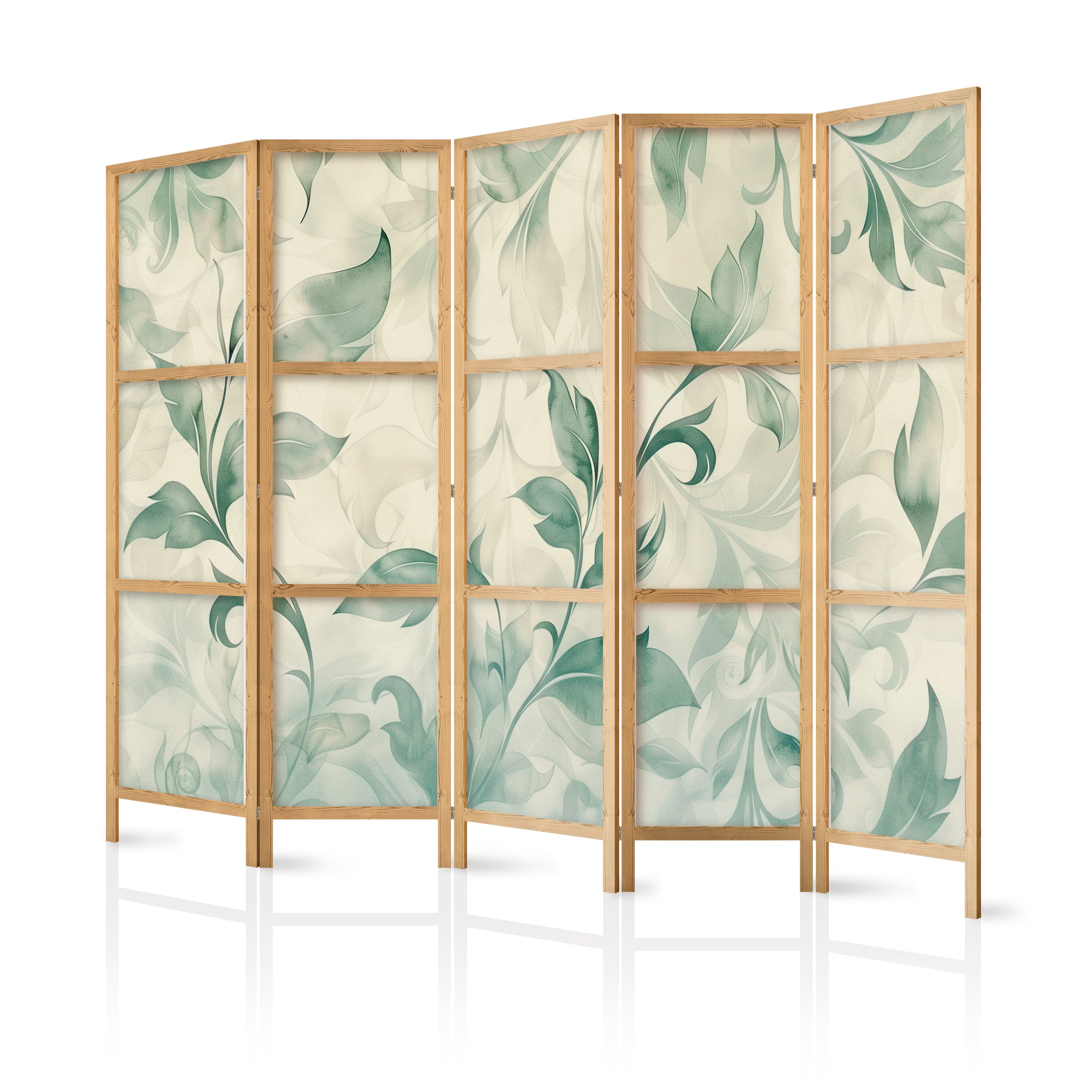 Japanese Room Divider - Watercolor Botanical Motif - Delicate Green-Beige Leaves