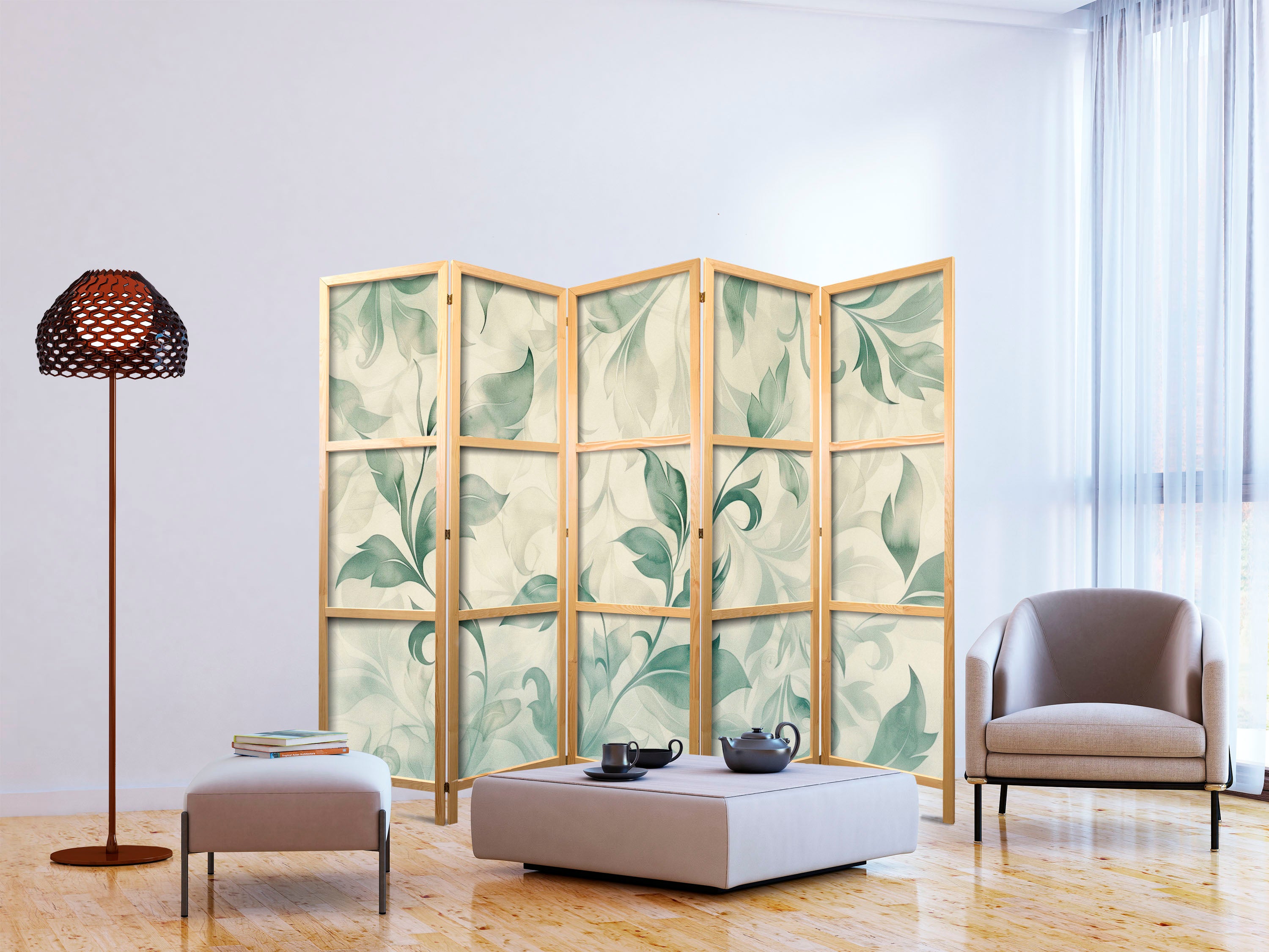 Japanese Room Divider - Watercolor Botanical Motif - Delicate Green-Beige Leaves