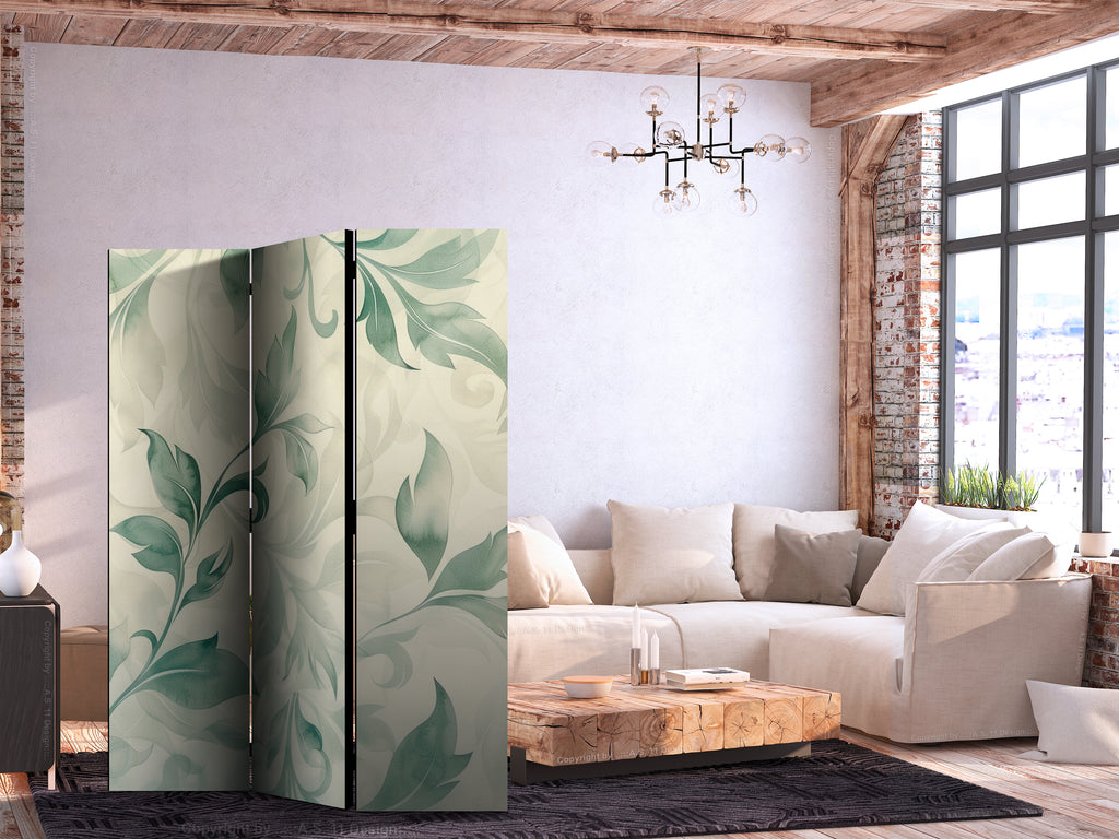 Room Divider with Watercolor Botanical Motif - Delicate Green and Beige Leaves