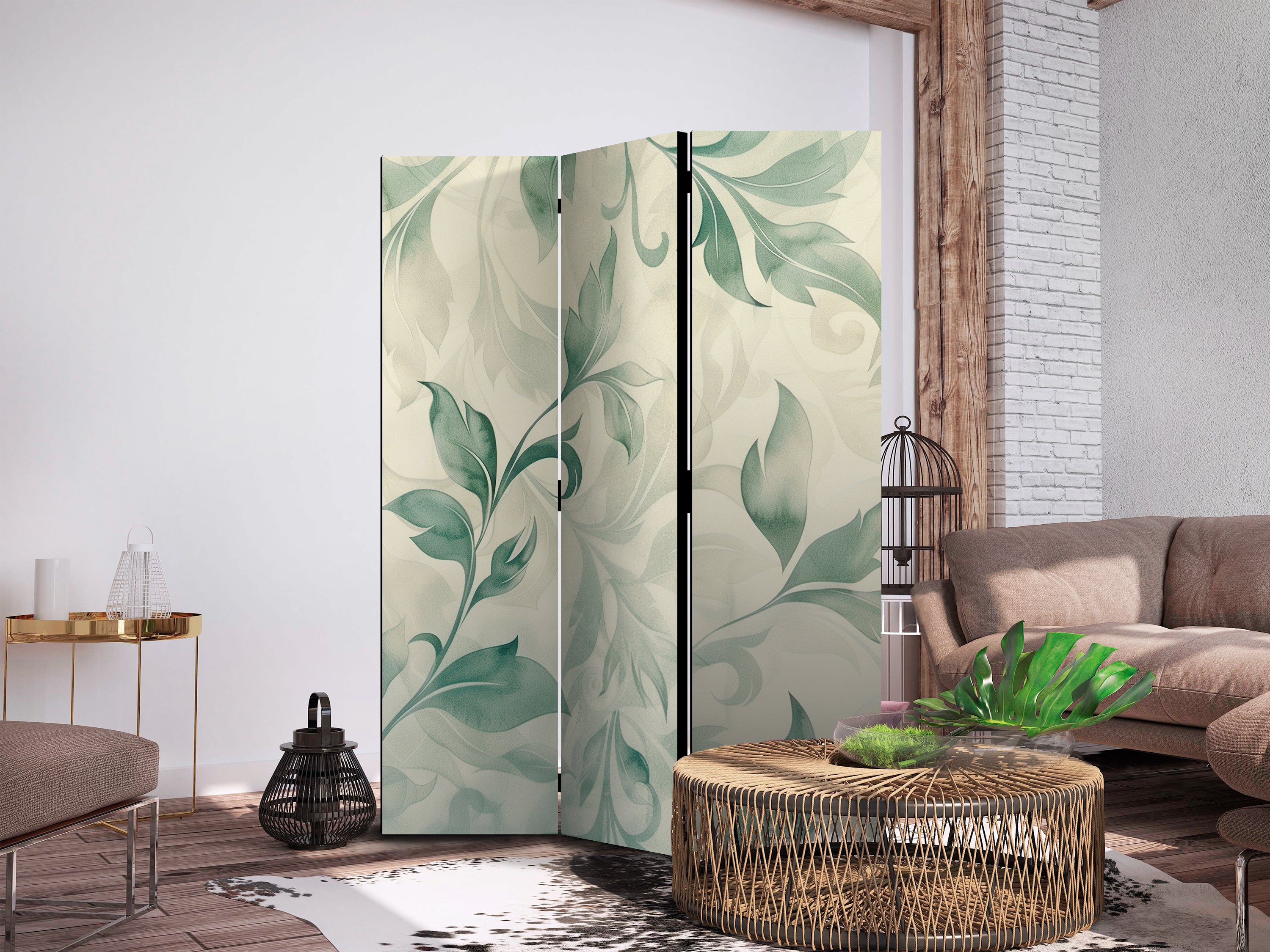 Room Divider with Watercolor Botanical Motif - Delicate Green and Beige Leaves