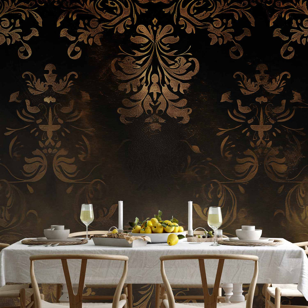 Wall Mural Baroque Ornaments in Patinated Gold and Browns