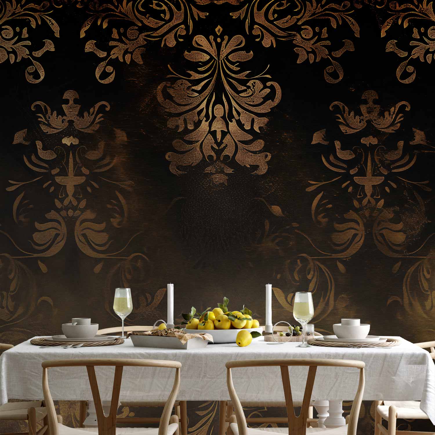 Wall Mural Baroque Ornaments in Patinated Gold and Browns