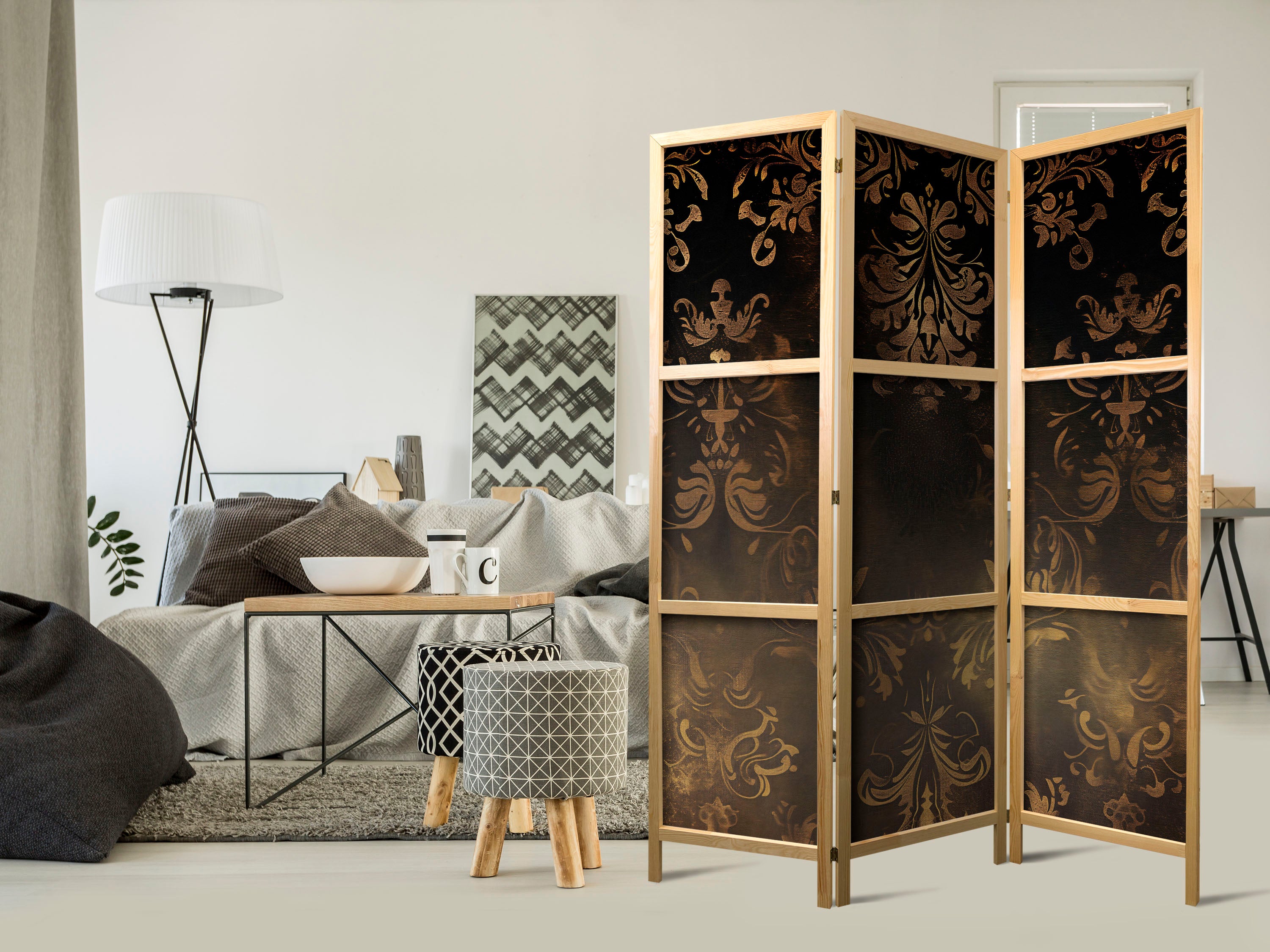 Japanese Room Divider - Floral Ornaments Carved in Delicate Sepia and Brown Shades