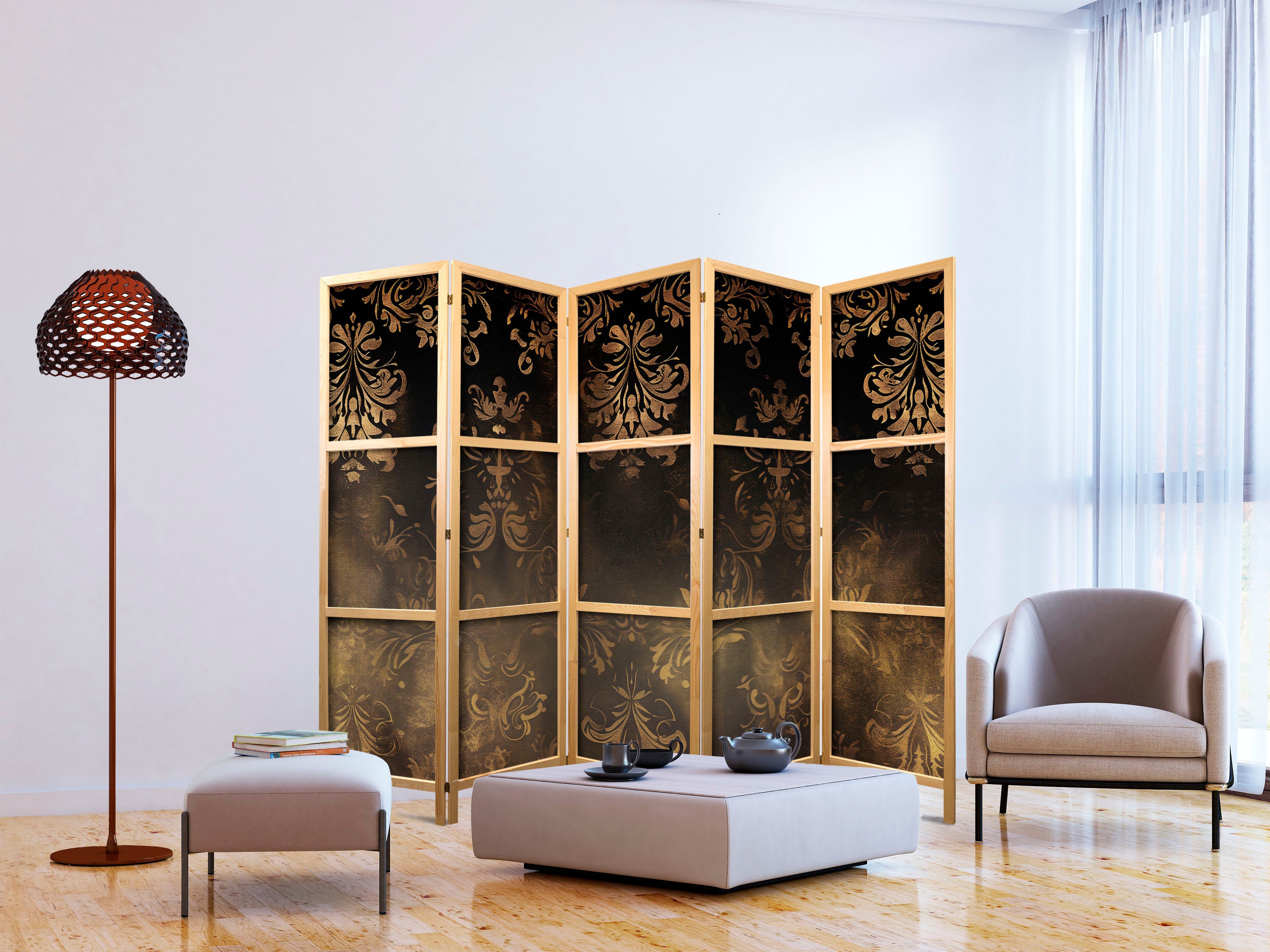 Japanese Room Divider with Floral Ornaments in Sepia and Brown