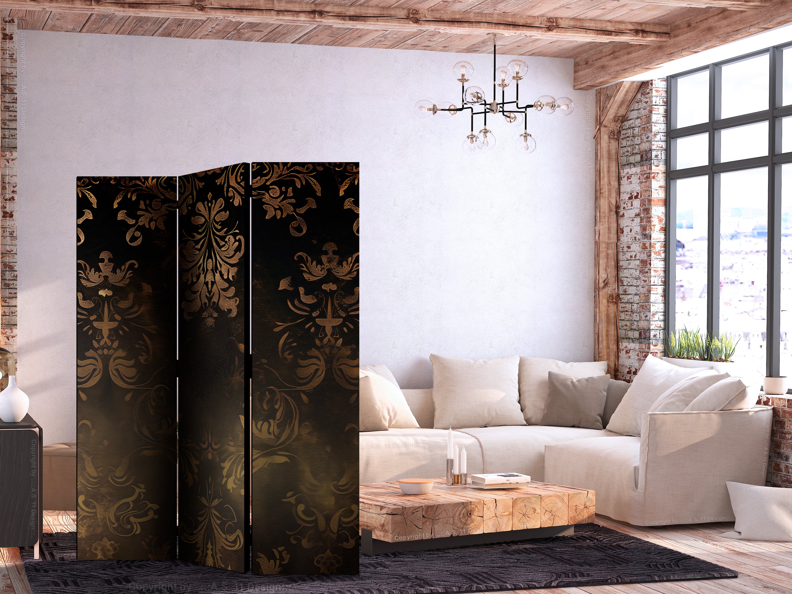 Room Divider with Baroque Ornaments in Patinated Gold and Bronze - Retro Motif