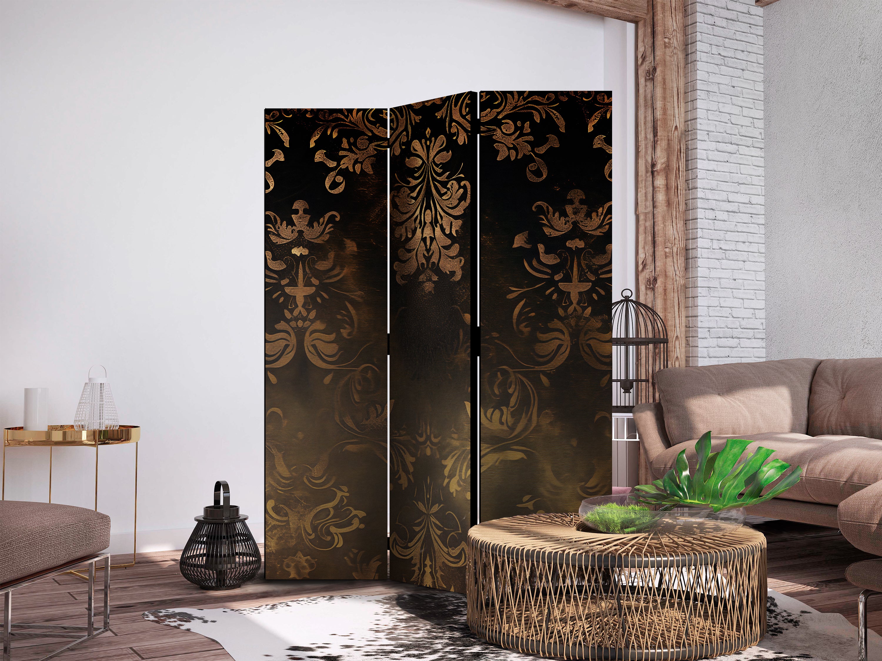 Room Divider with Baroque Ornaments in Patinated Gold and Bronze - Retro Motif