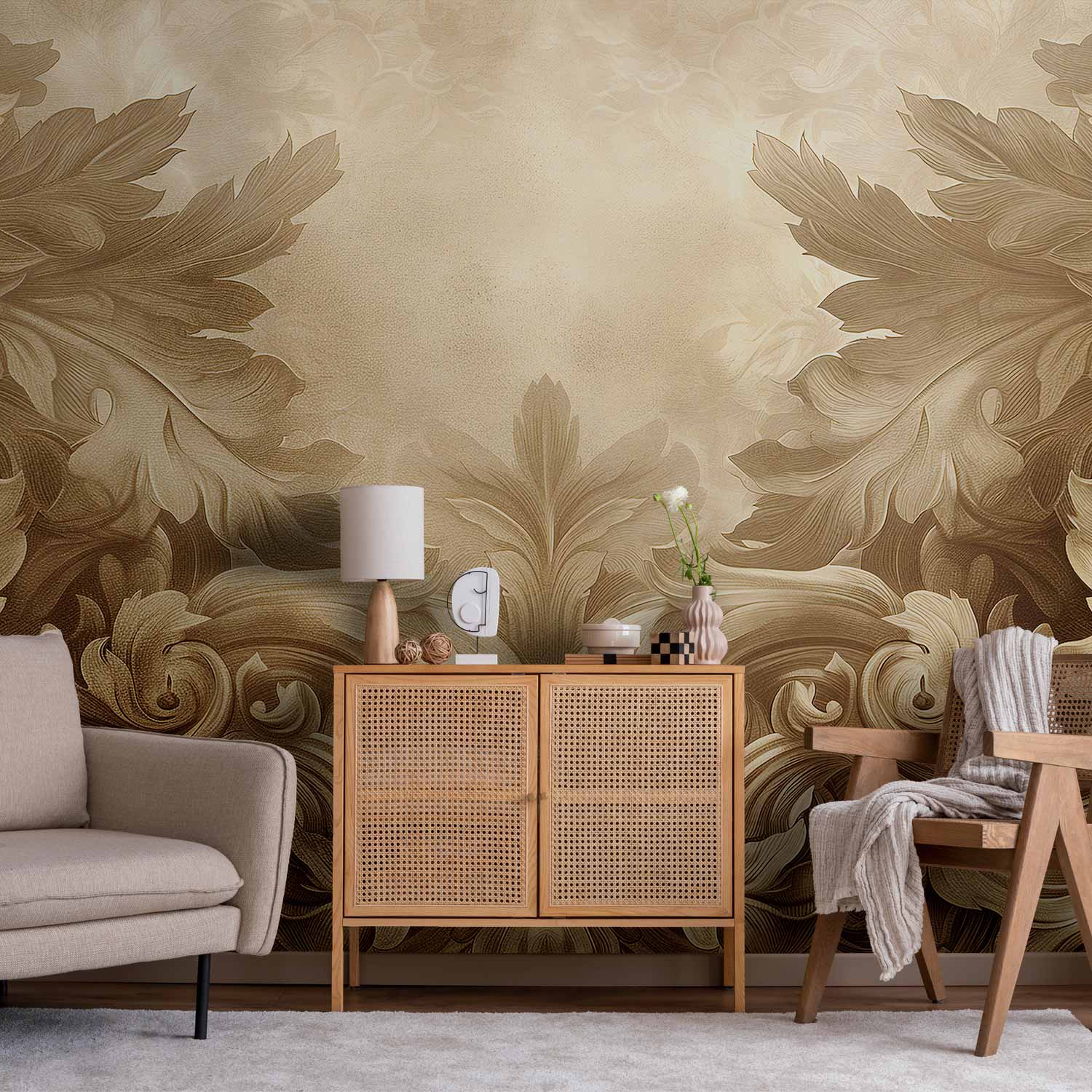 Carved Baroque Ornament Sepia Wall Mural