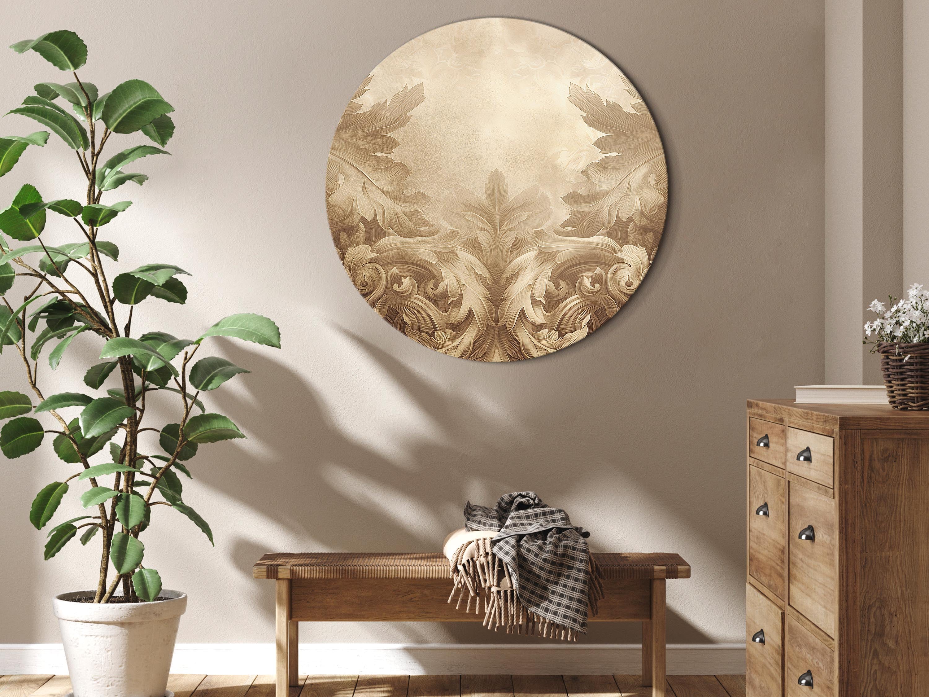 Round Canvas Print with Carved Baroque Ornaments in Sepia