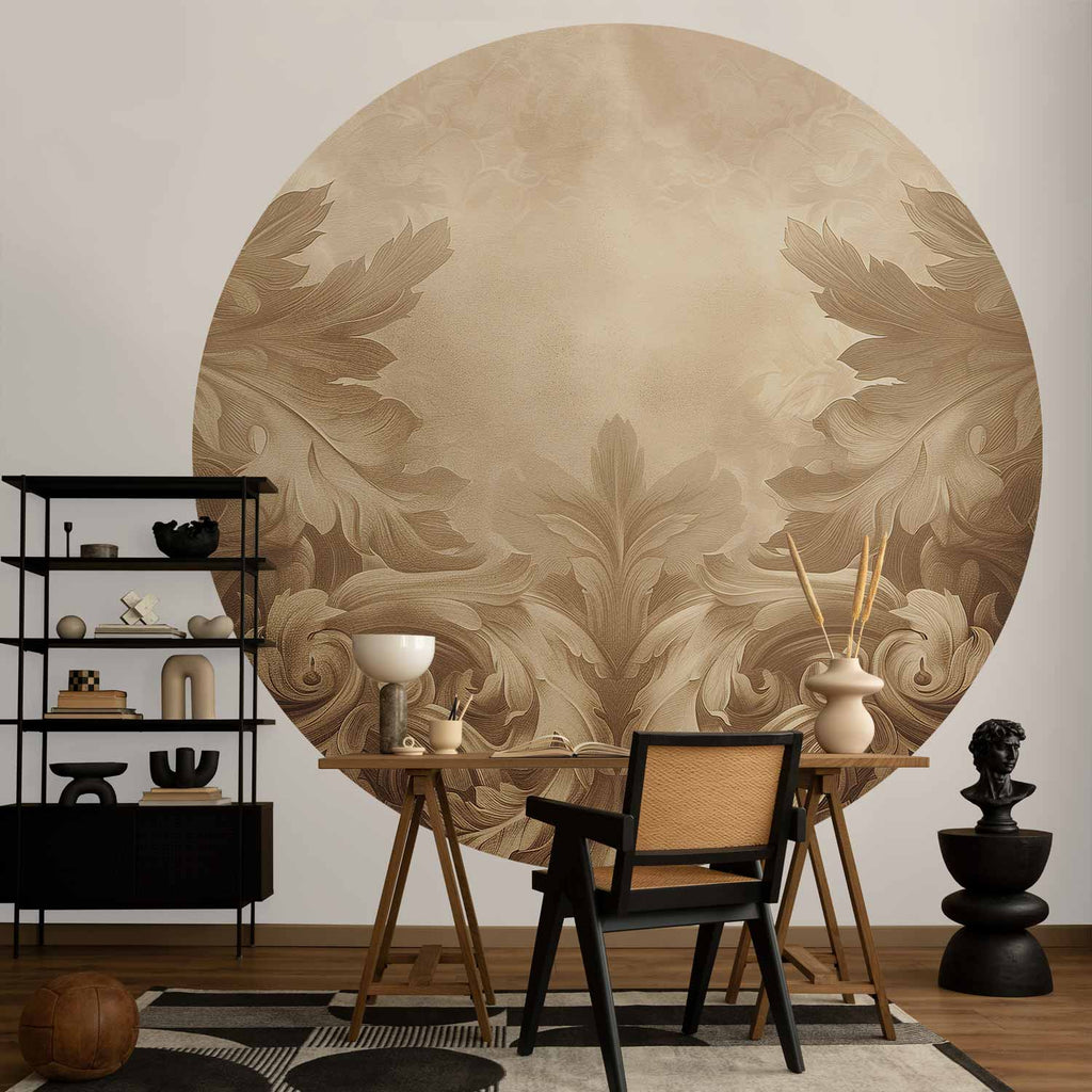 Sepia Baroque Carved Ornament Round Wall Mural