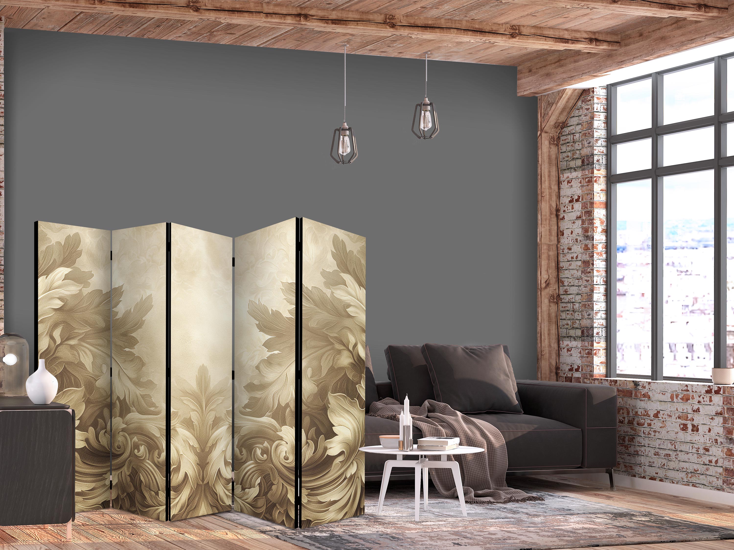 Room Divider with Carved Baroque Ornaments in Sepia Colors