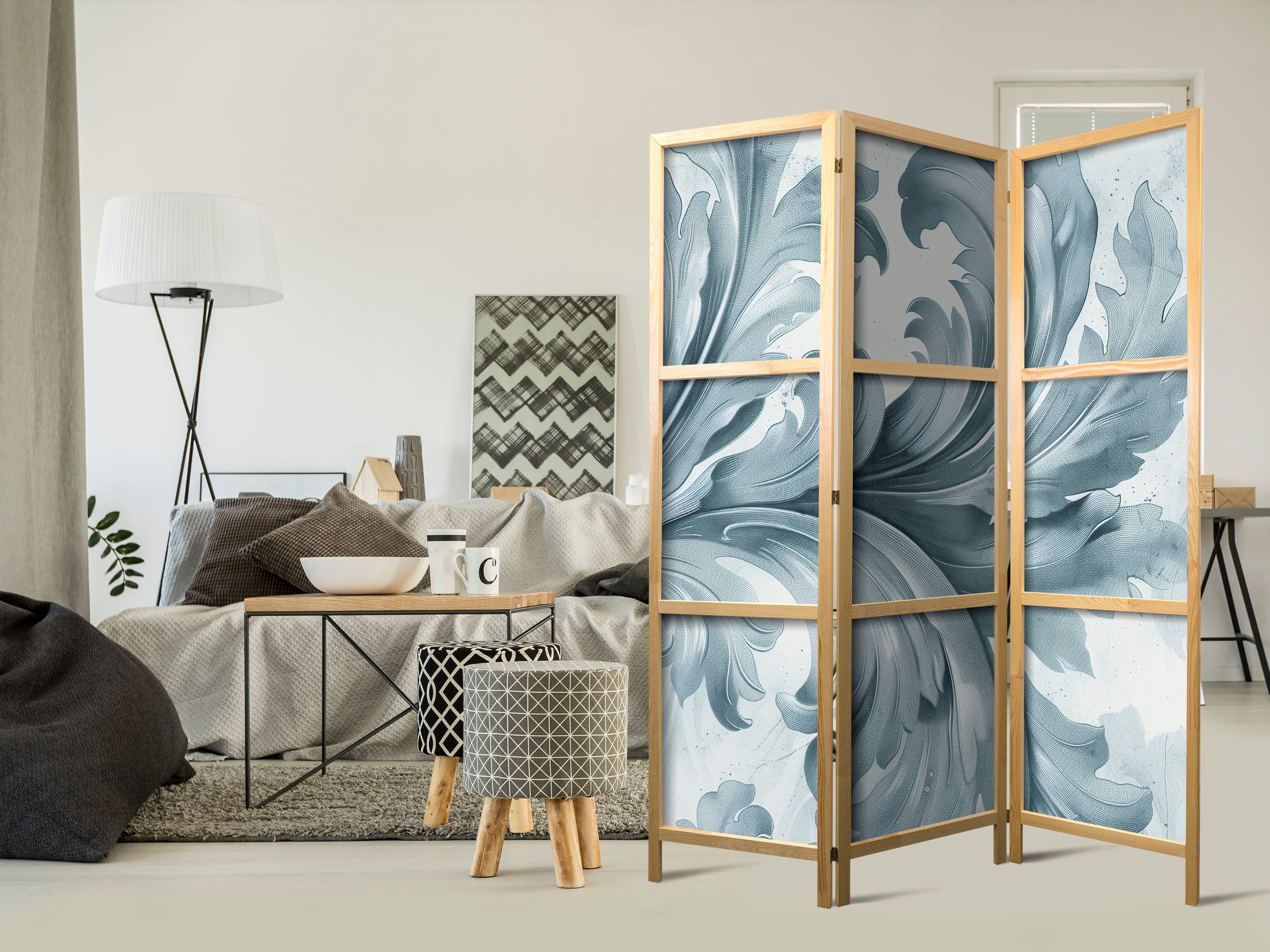 Japanese Room Divider - Botanical Motif with Leaves and Vines in Sandy Colors