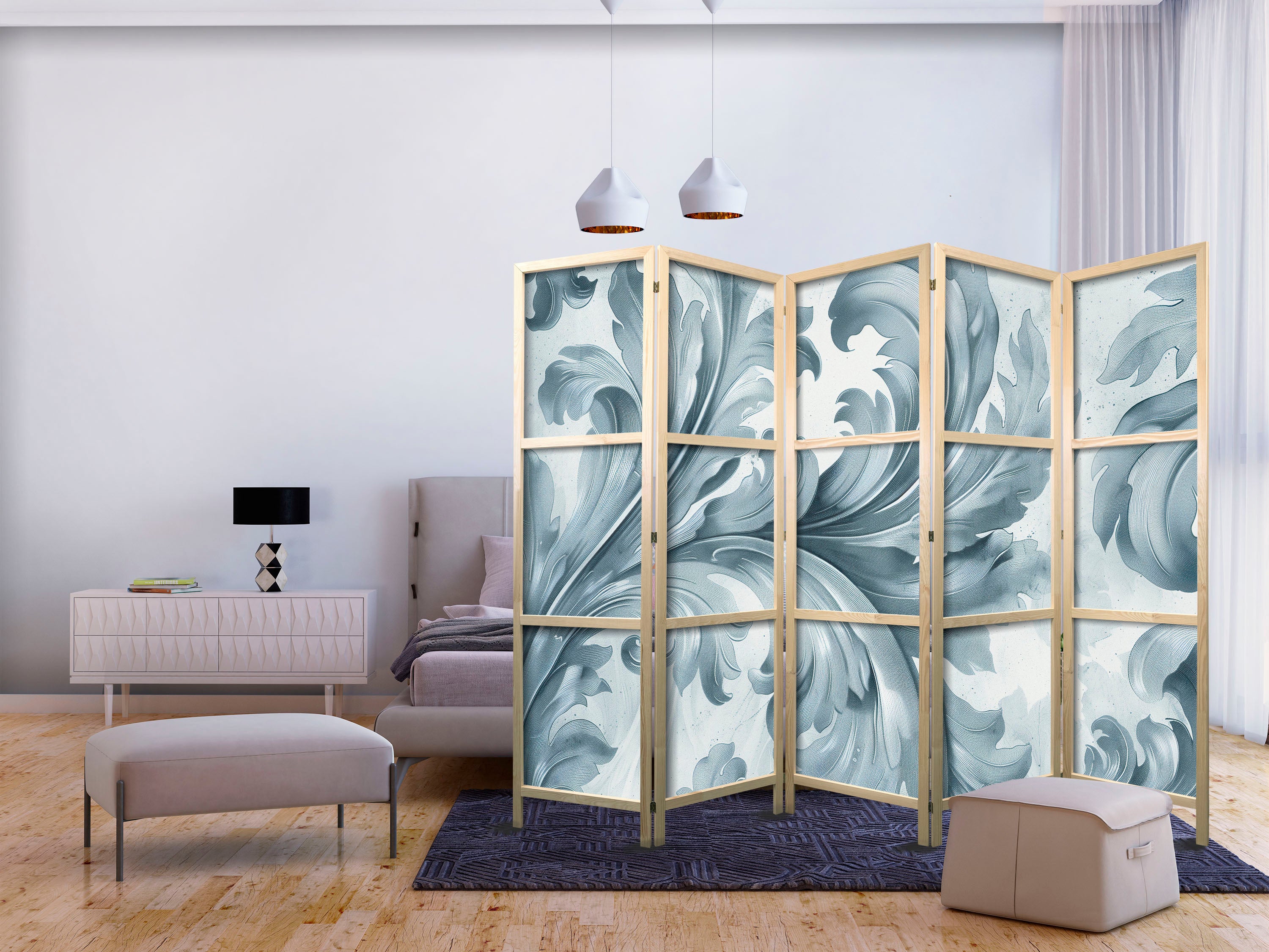 Japanese Room Divider – Botanical Motif Leaves and Vines in Sandy Colors