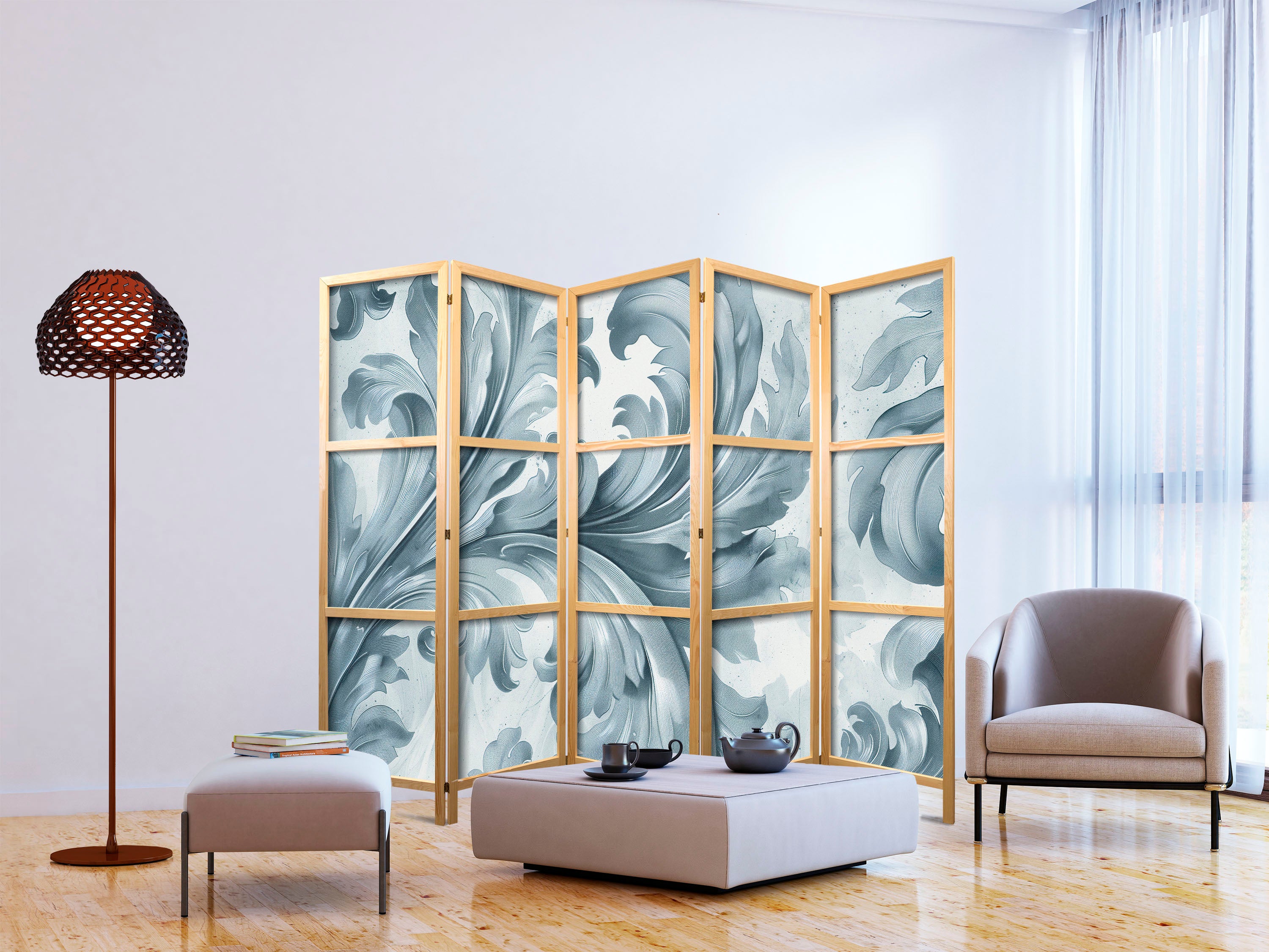 Japanese Room Divider – Botanical Motif Leaves and Vines in Sandy Colors