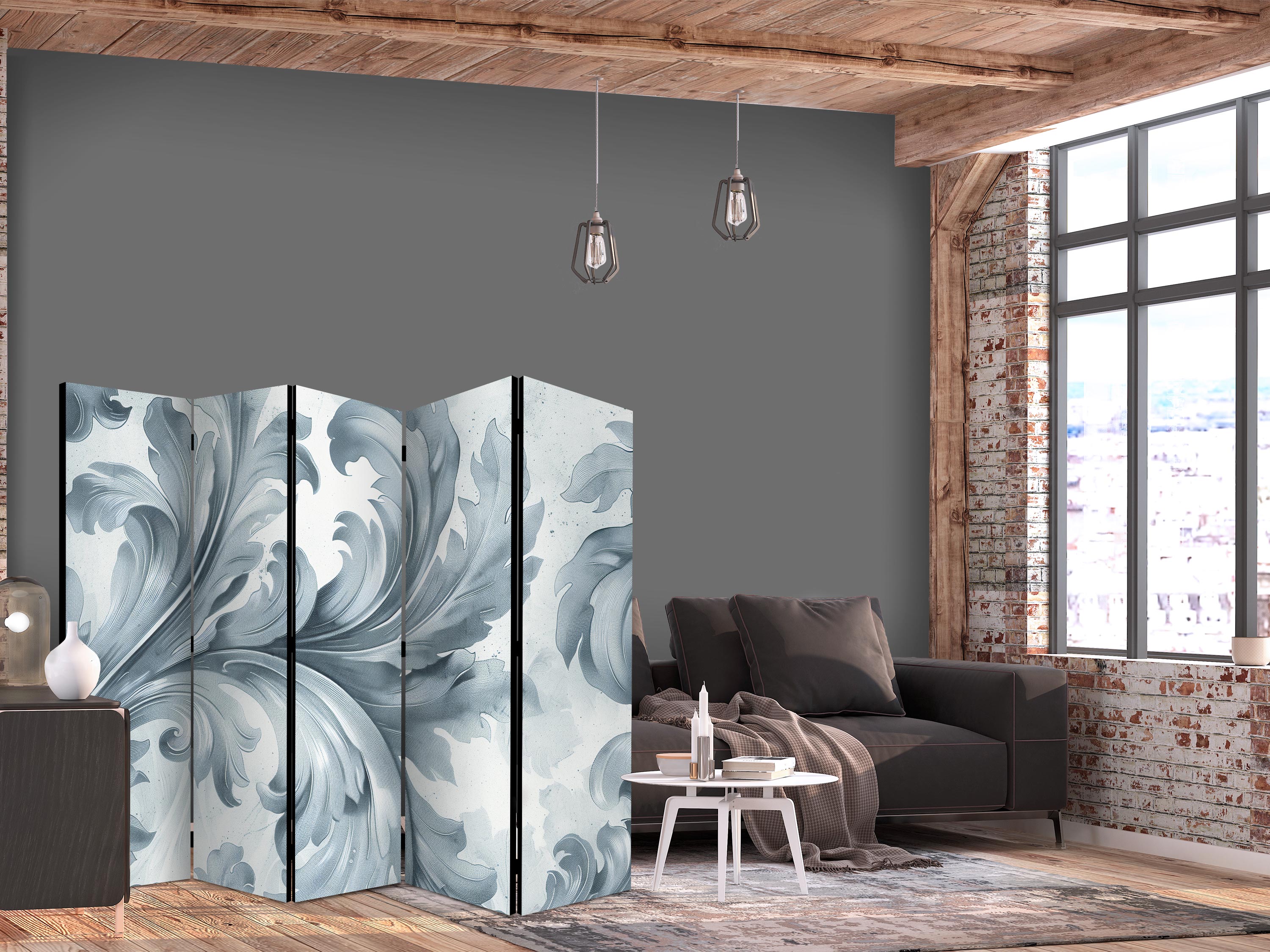 Room Divider - Stone Baroque Ornaments in Light Shades of Gray and Blue