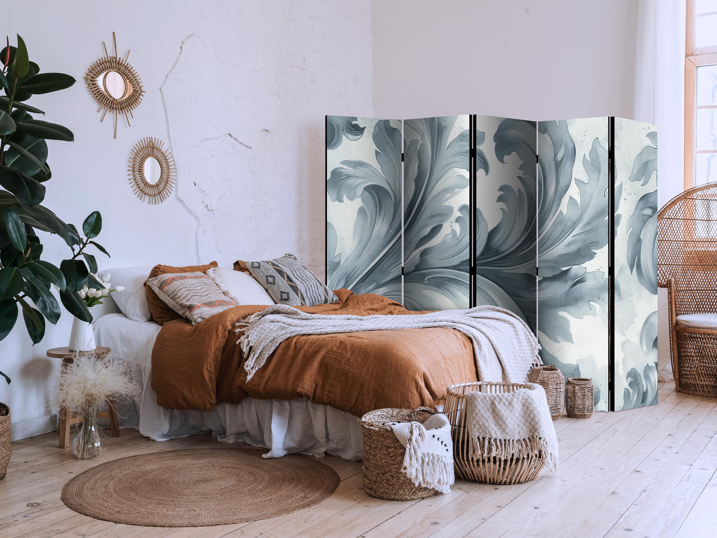 Room Divider - Stone Baroque Ornaments in Light Shades of Gray and Blue