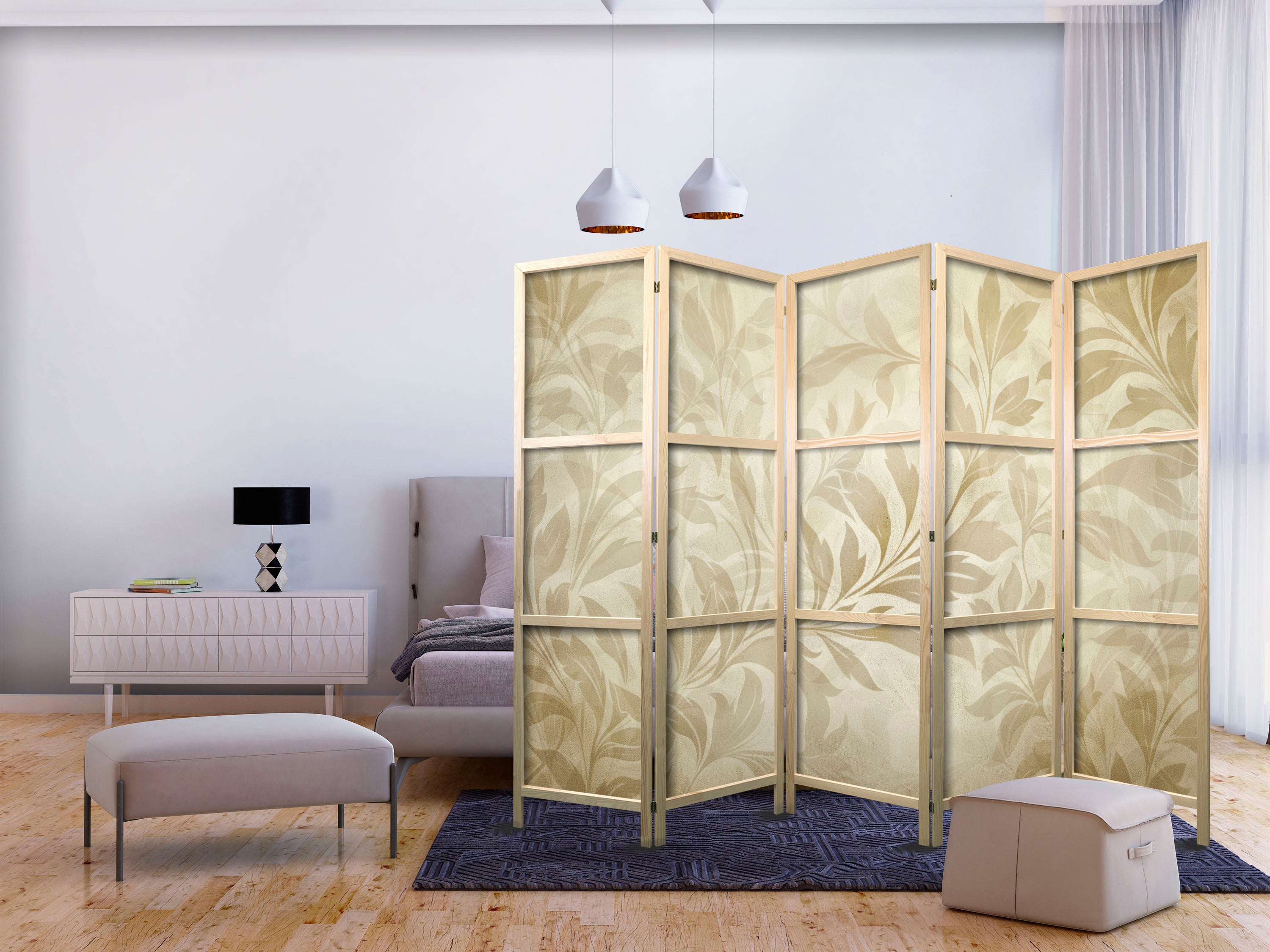 Japanese Room Divider with Botanical Motif in Sandy Colors