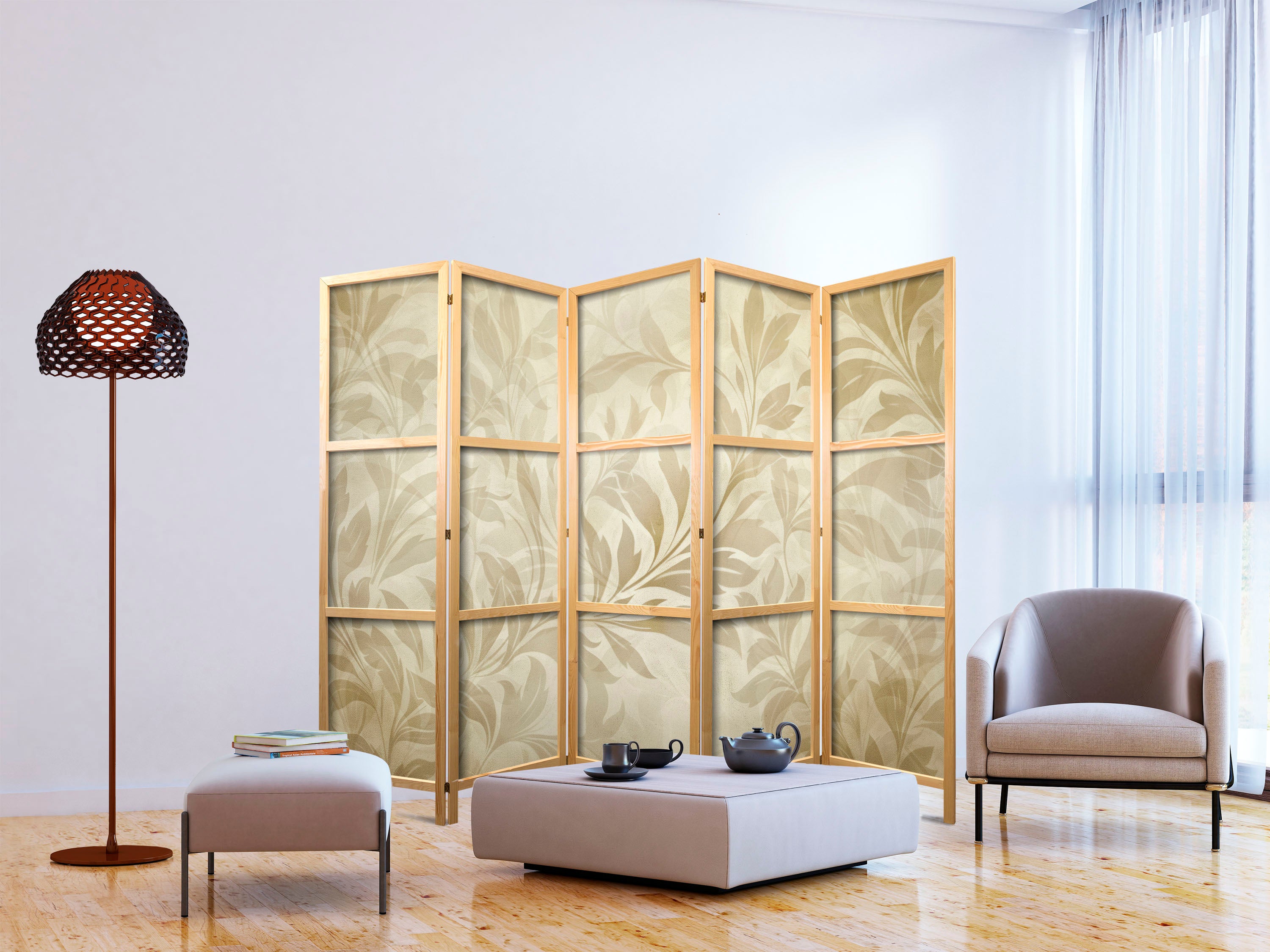 Japanese Room Divider with Botanical Motif in Sandy Colors