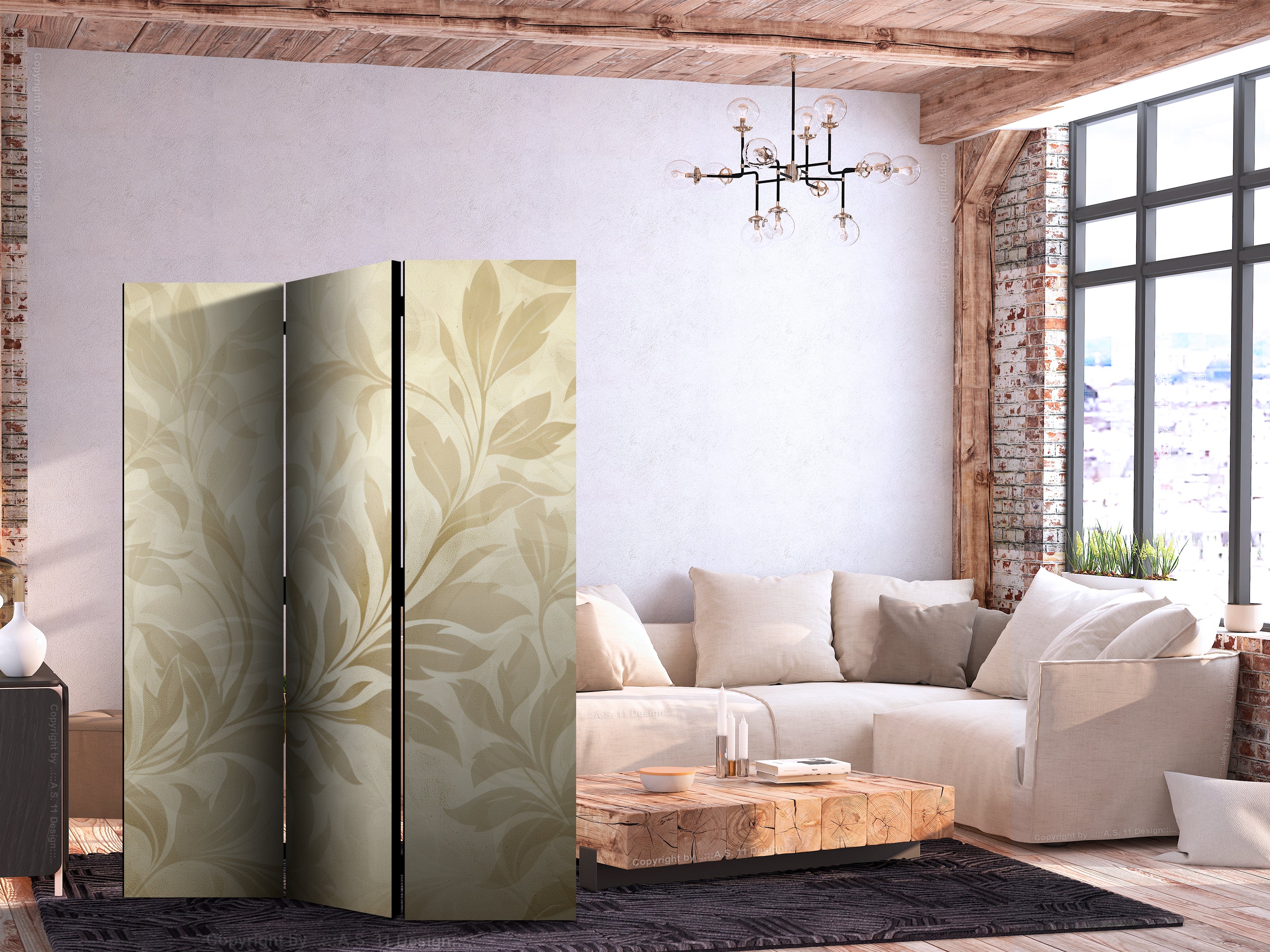 Room Divider with Botanical Motif in Sandy Colors