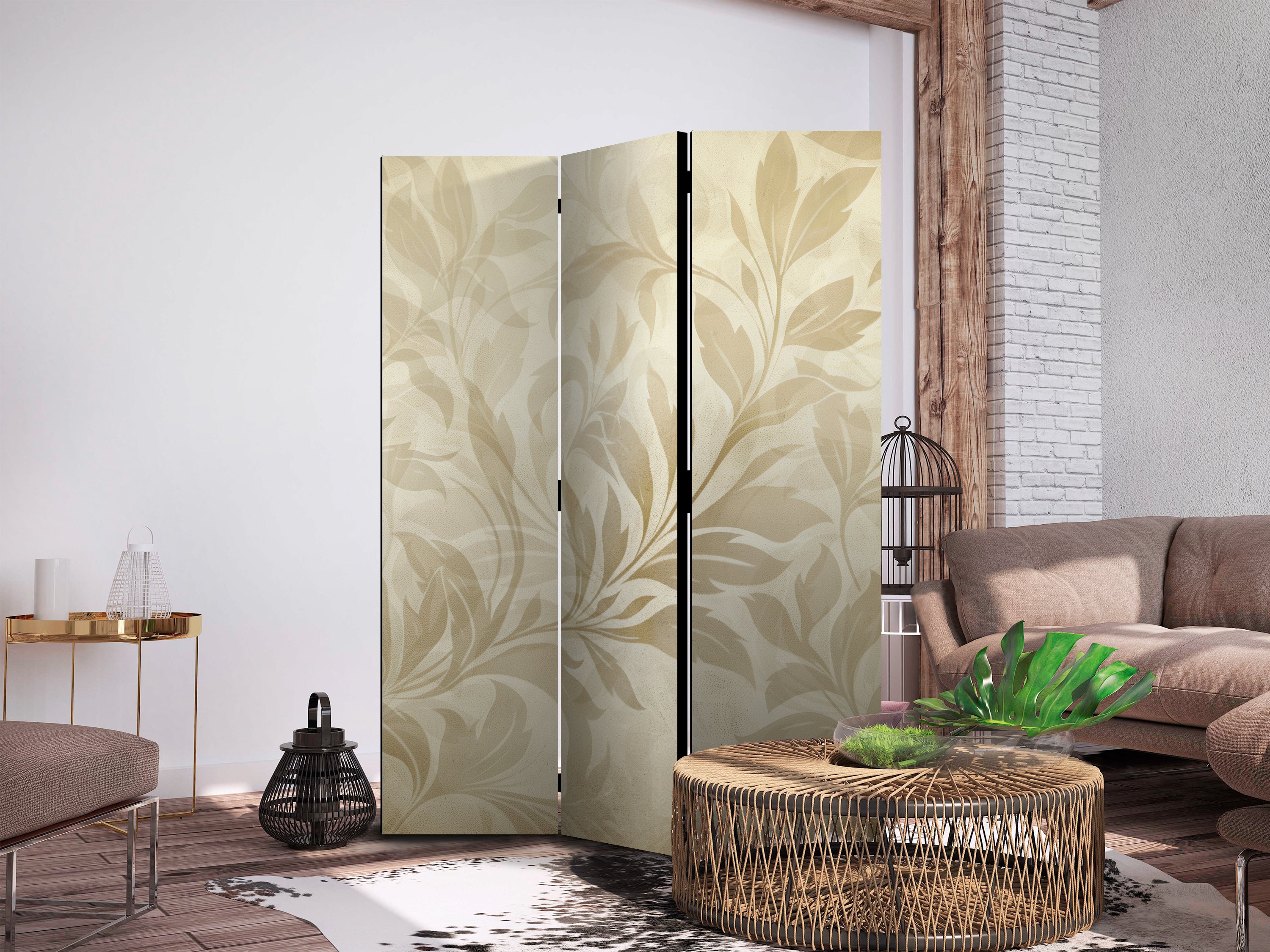 Room Divider with Botanical Motif in Sandy Colors