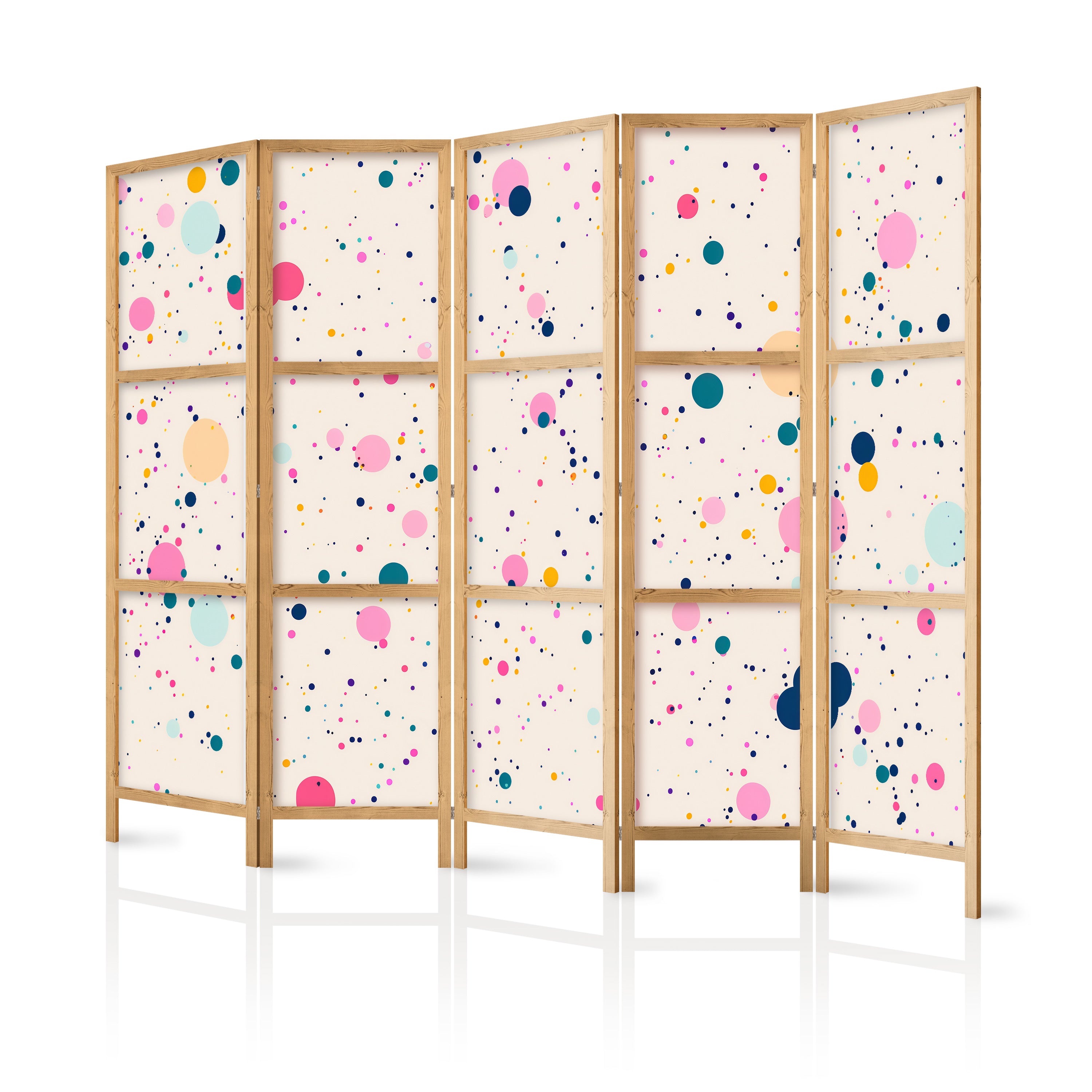Japanese Room Divider - Dots - Spots and Splashes Multicolored - Cheerful Pattern on a Light Pink Background.
