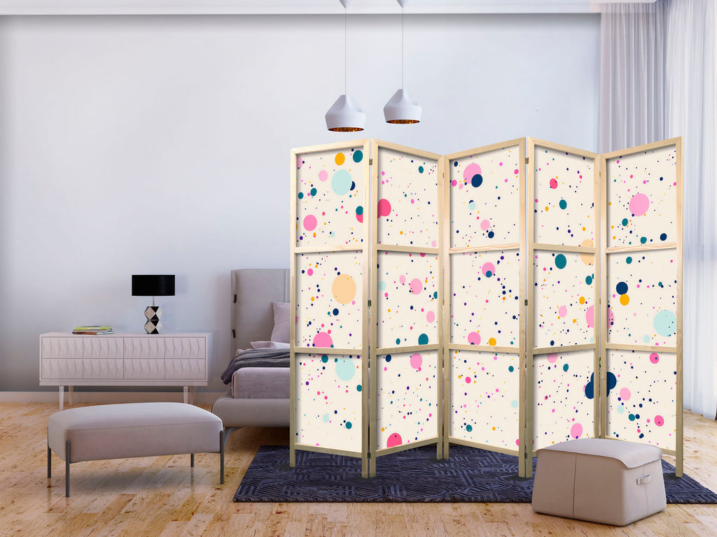 Japanese Room Divider - Dots - Spots and Splashes Multicolored - Cheerful Pattern on a Light Pink Background.