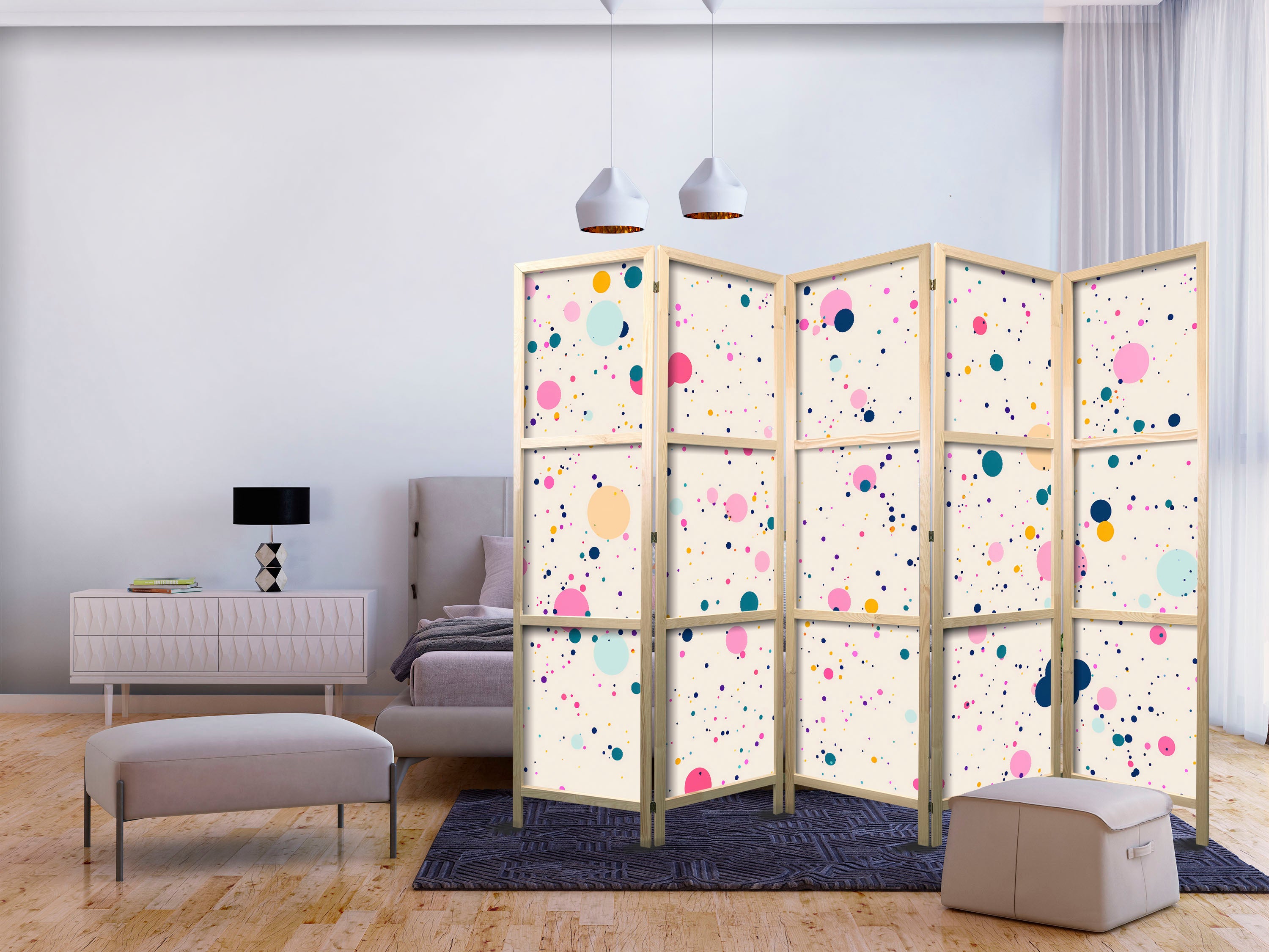 Japanese Room Divider - Dots - Spots and Splashes Multicolored - Cheerful Pattern on a Light Pink Background.
