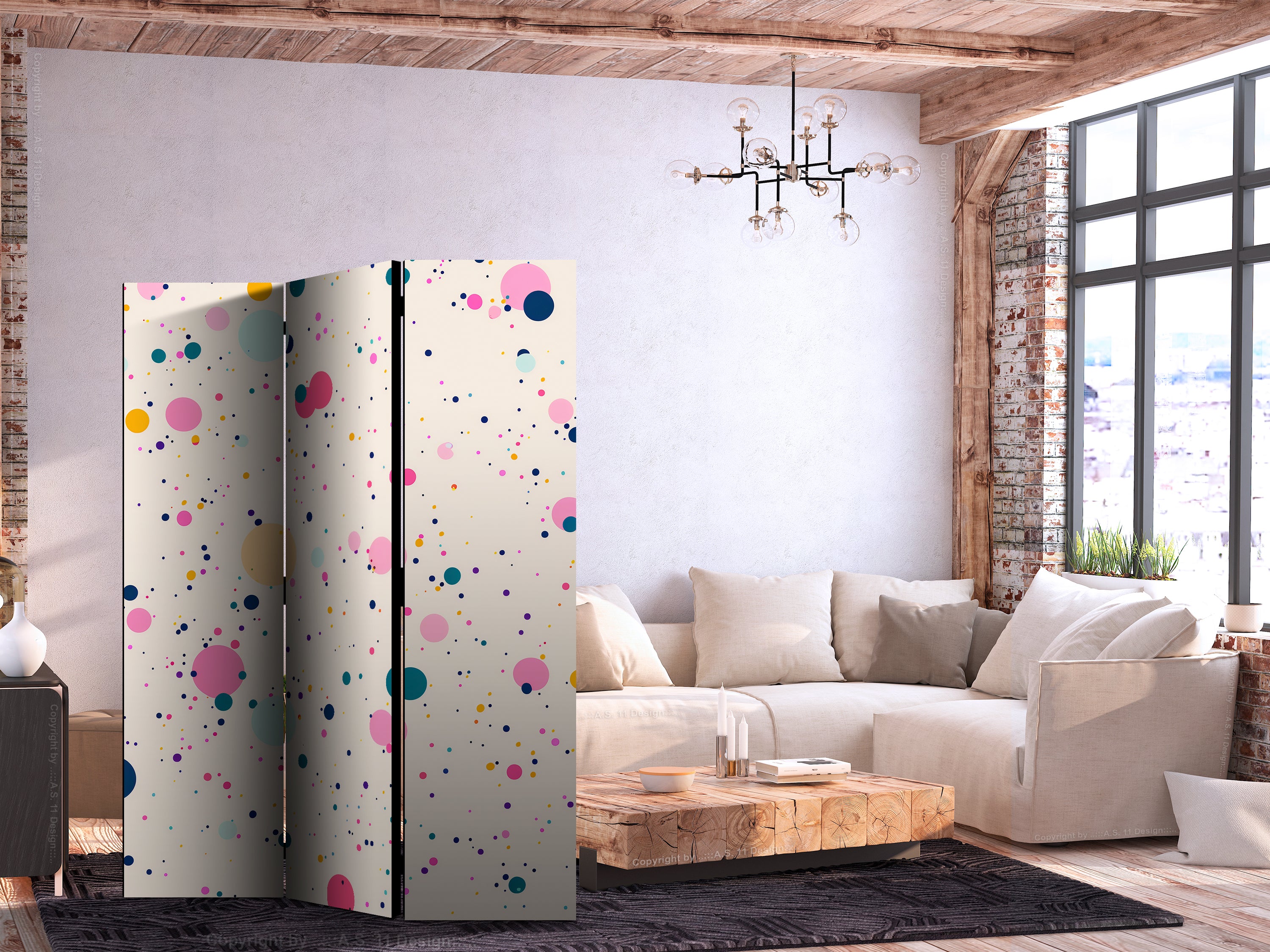 Room Divider - Multicolored Dots and Splashes on Light Pink Background