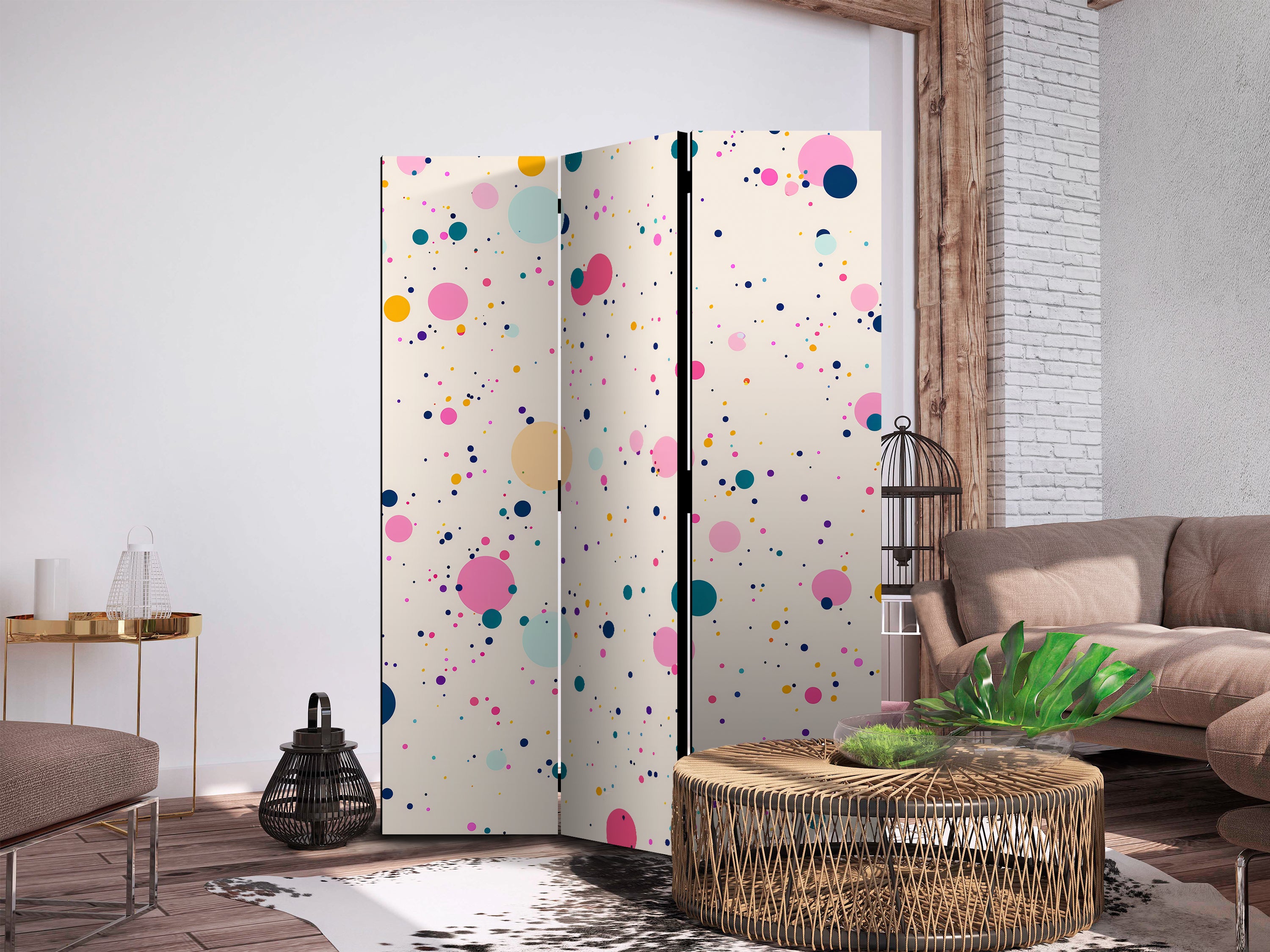 Room Divider - Multicolored Dots and Splashes on Light Pink Background