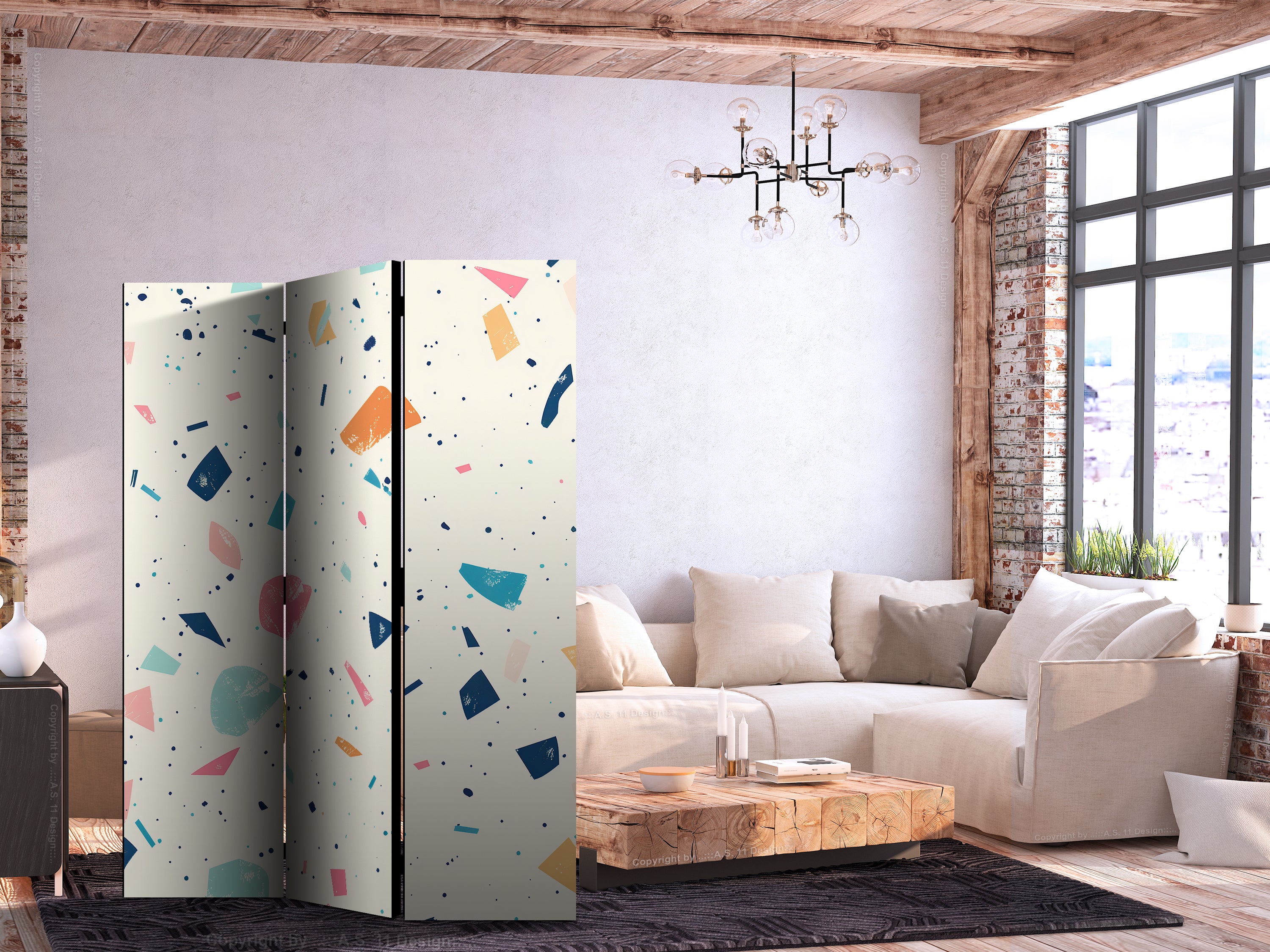 Room Divider Terrazzo Multicolored Large Elements Cheerful Pattern on Light Background