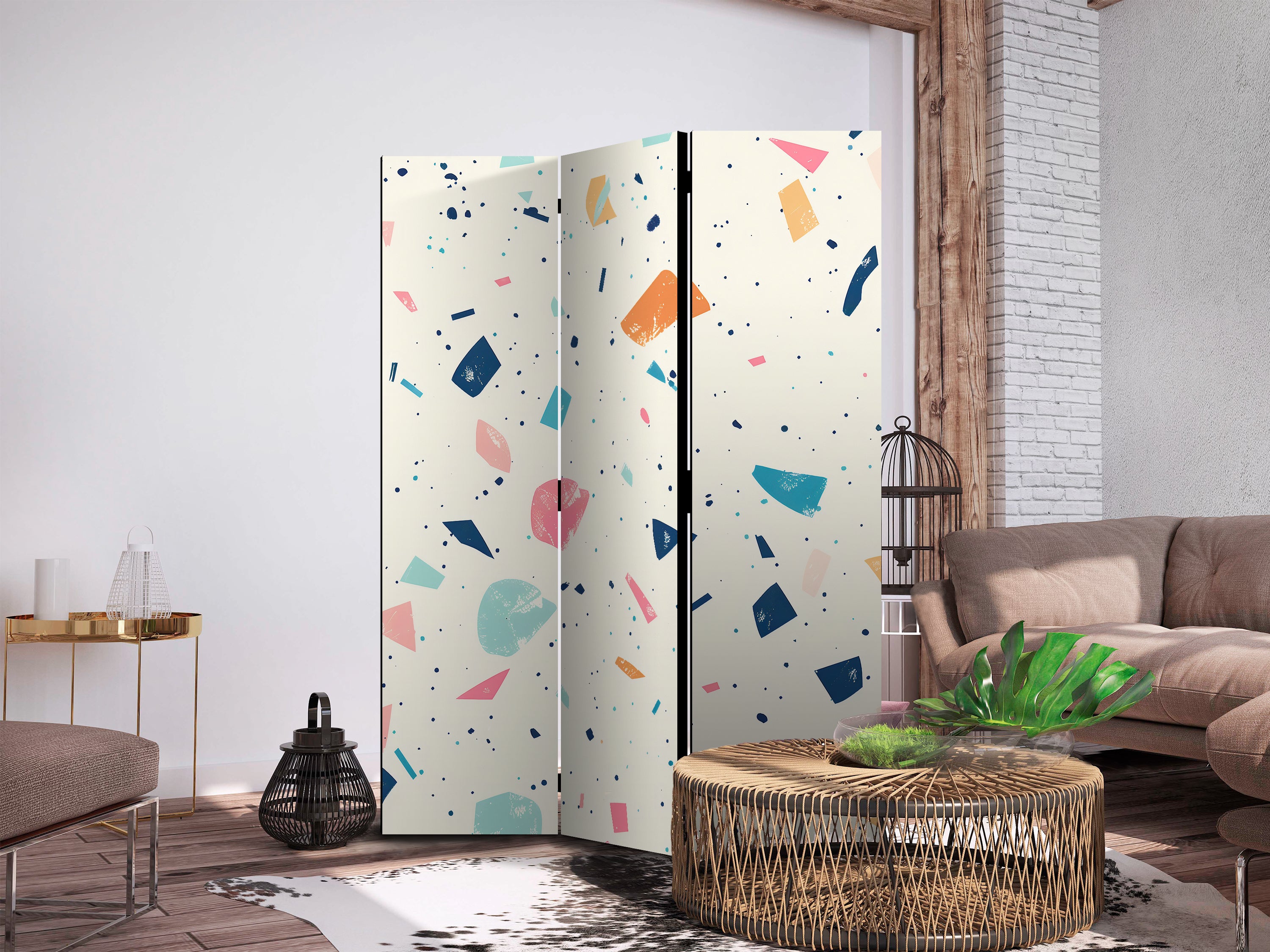 Room Divider Terrazzo Multicolored Large Elements Cheerful Pattern on Light Background
