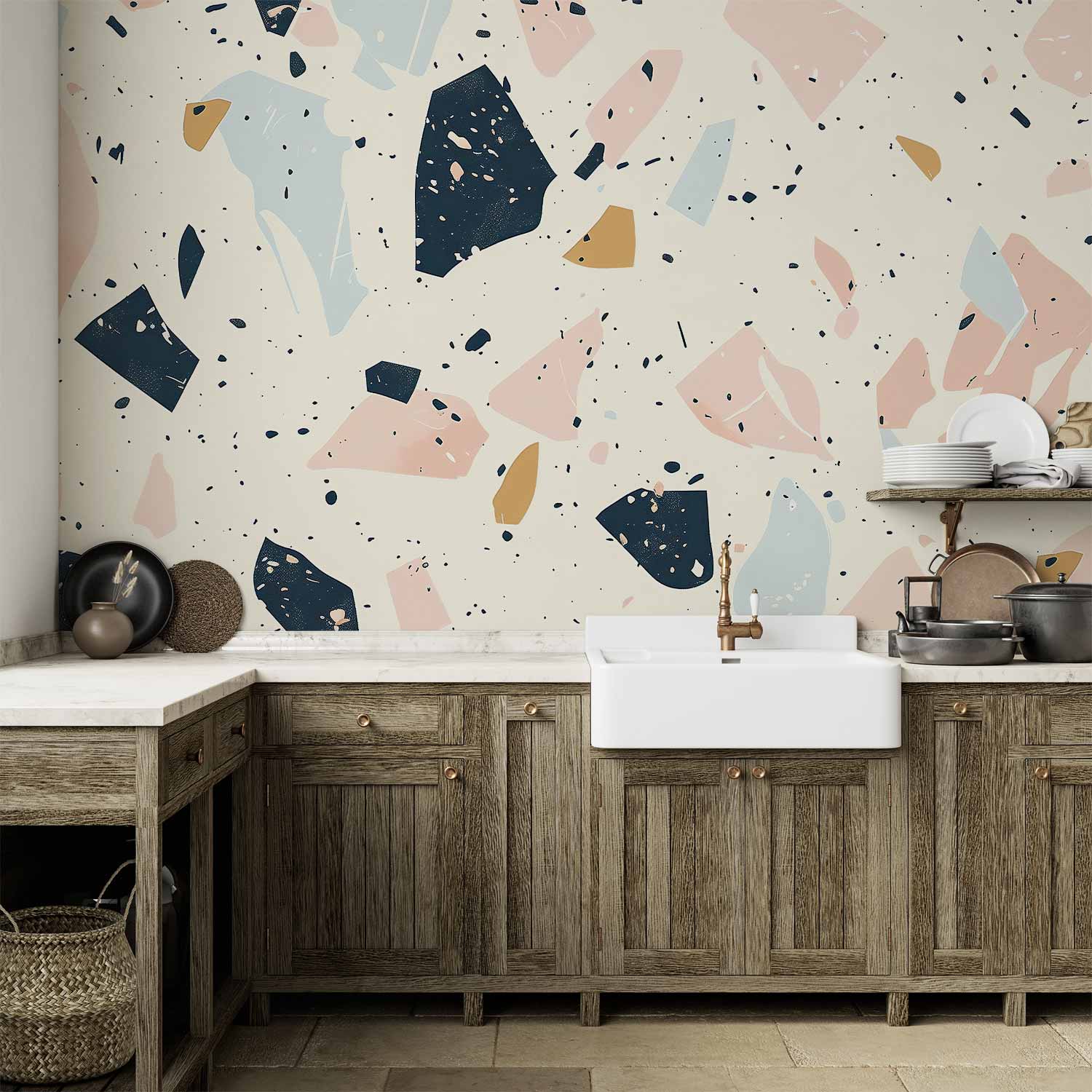 Wall Mural Terrazzo with Large-Scale Stones in Subdued Colors