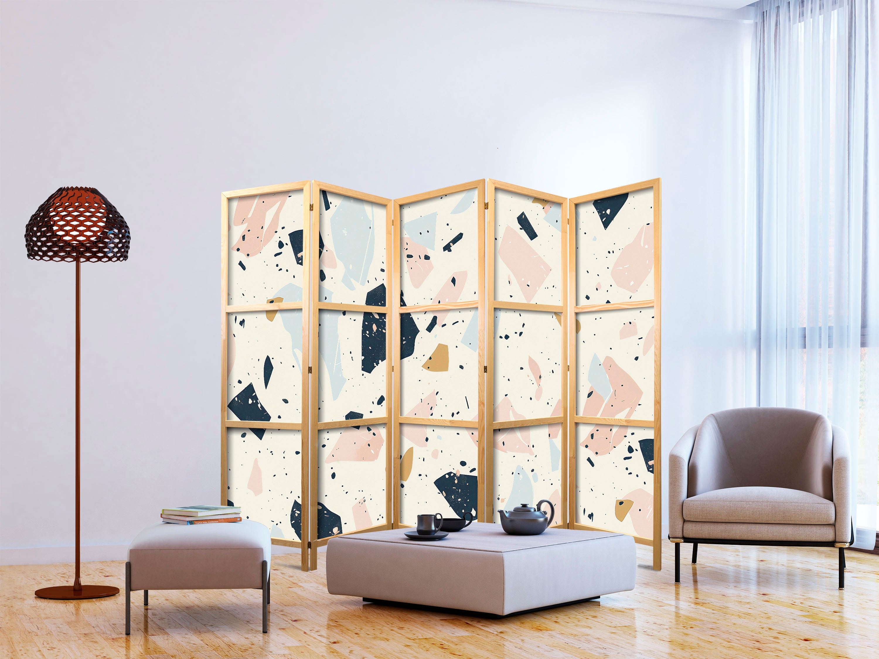 Japanese Room Divider Terrazzo with Large Scaled Stones in Muted Colors