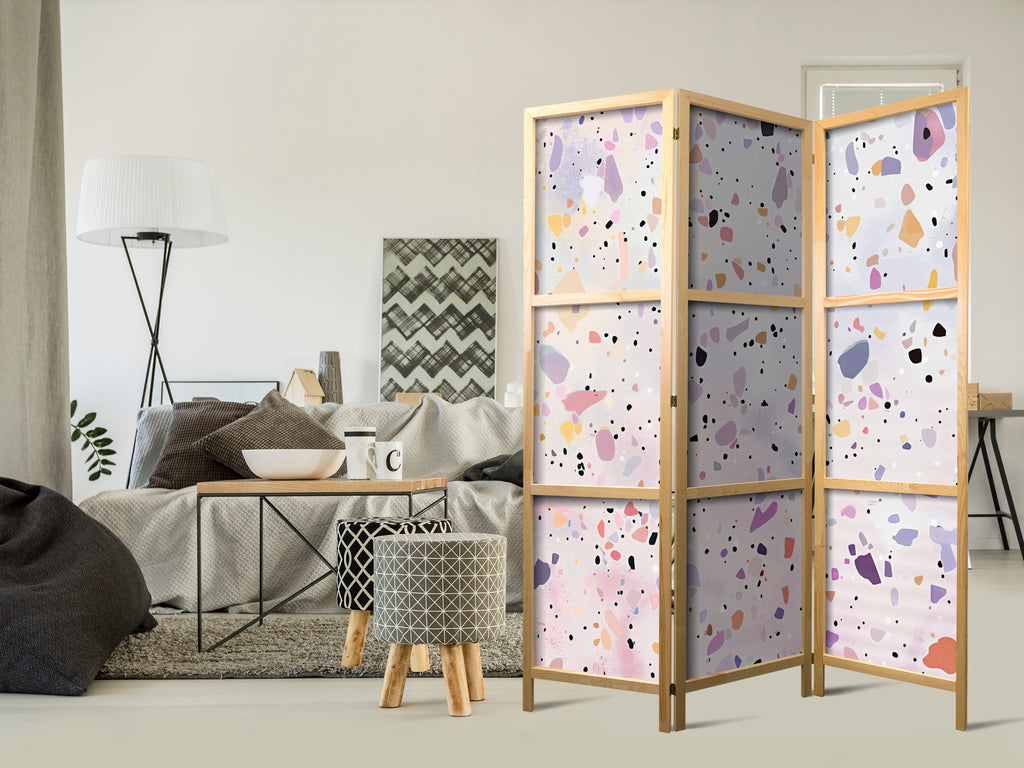 Japanese 3-Panel Room Divider - Confetti Terrazzo (Purple-Pink)
