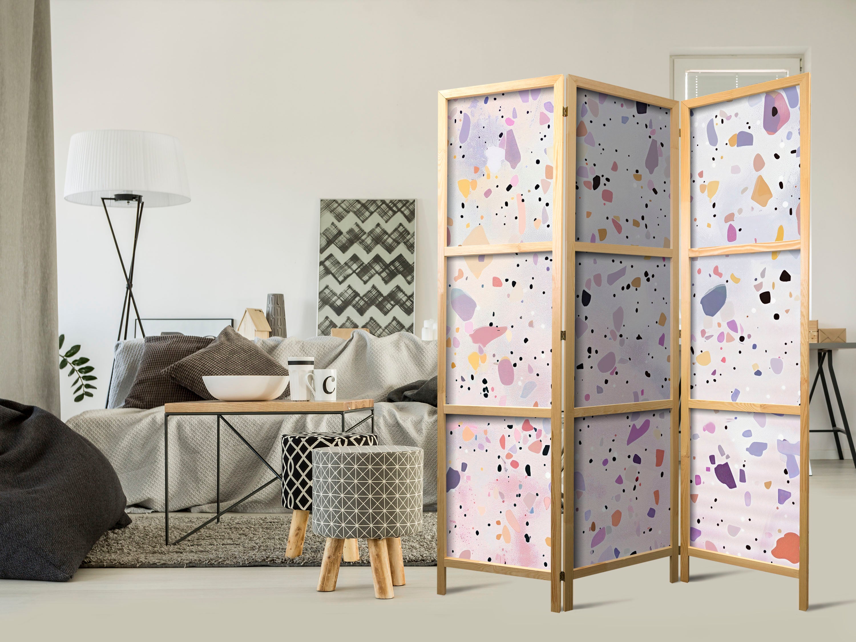 Japanese 3-Panel Room Divider - Confetti Terrazzo (Purple-Pink)