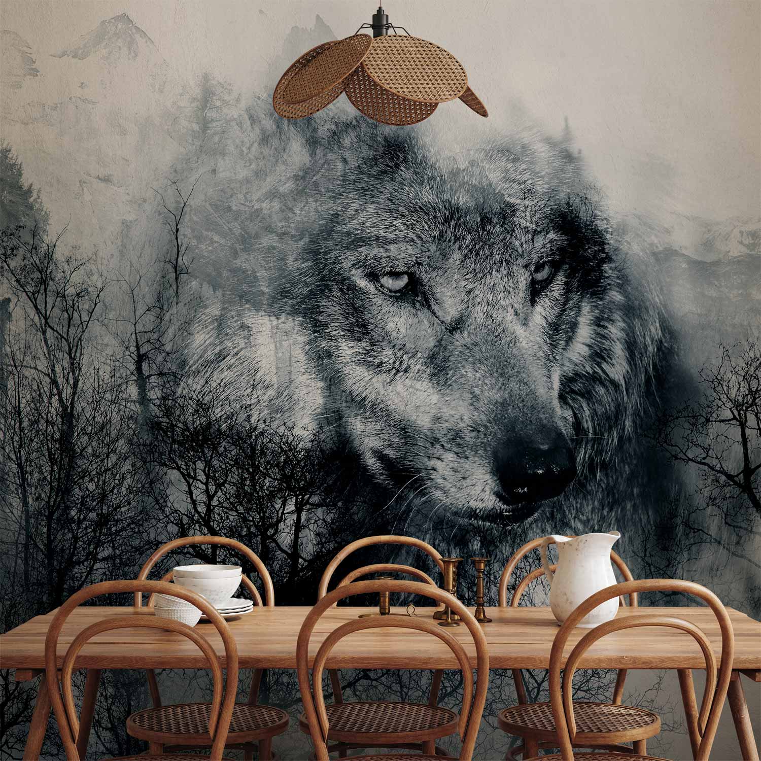 Mountain Wolf Pack Black and White Wall Mural