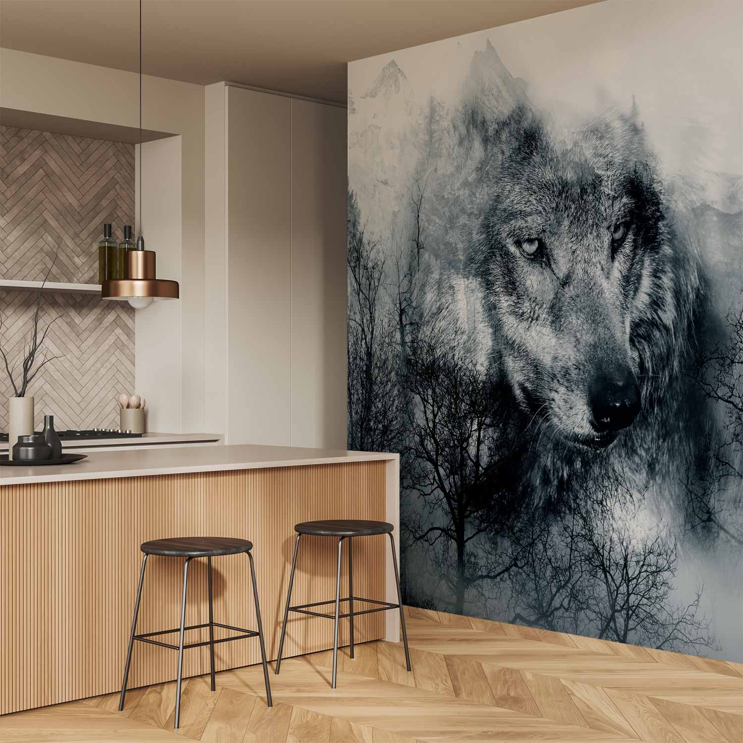 Mountain Wolf Pack Black and White Wall Mural
